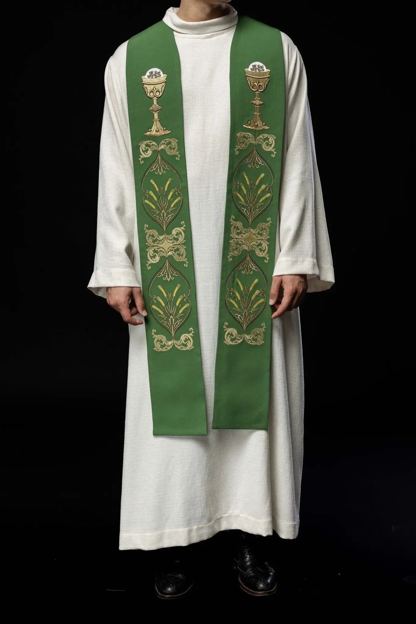 Green priest's stole IHS chalice