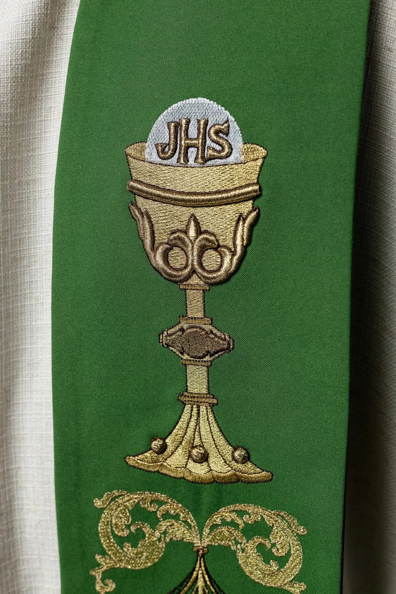 Green priest's stole IHS chalice
