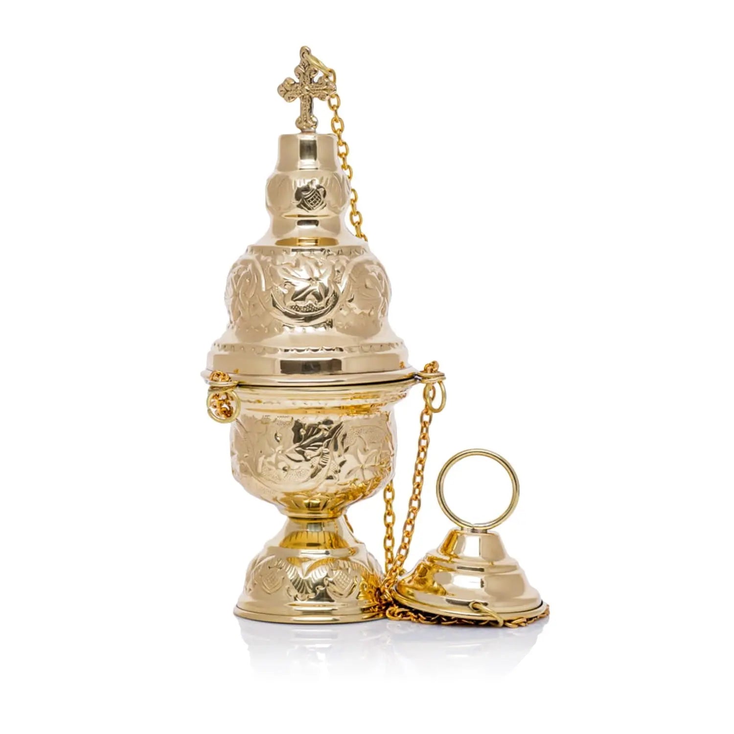 Brass Thurible with Floral Ornament and Cross – 24 cm