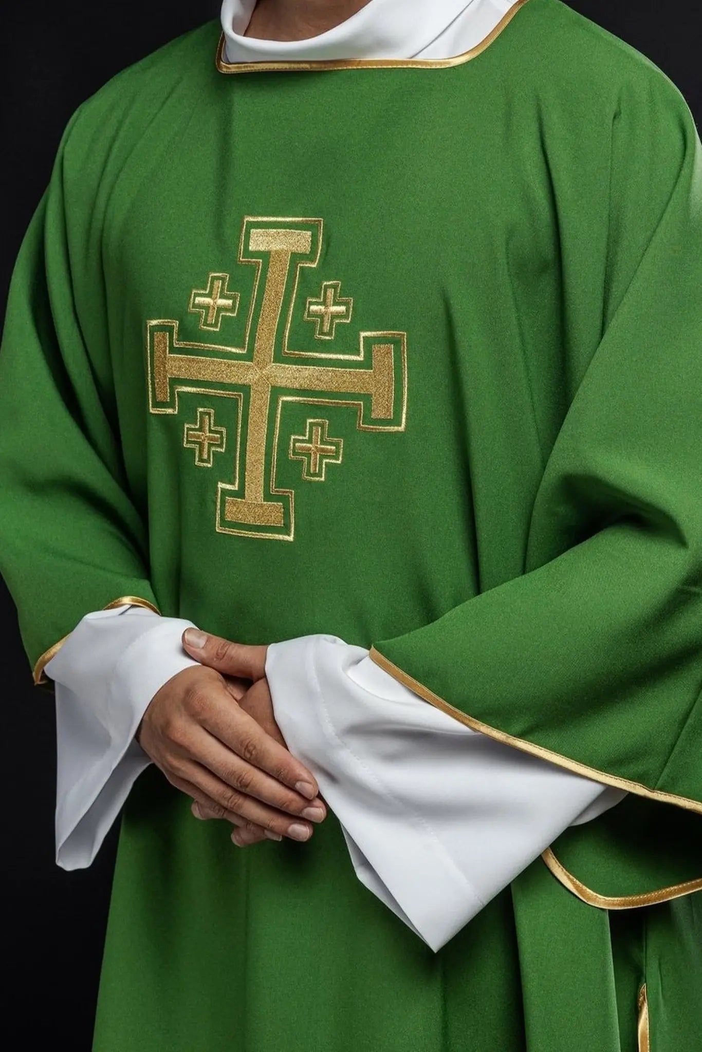 Green Dalmatian with embroidered gold crosses