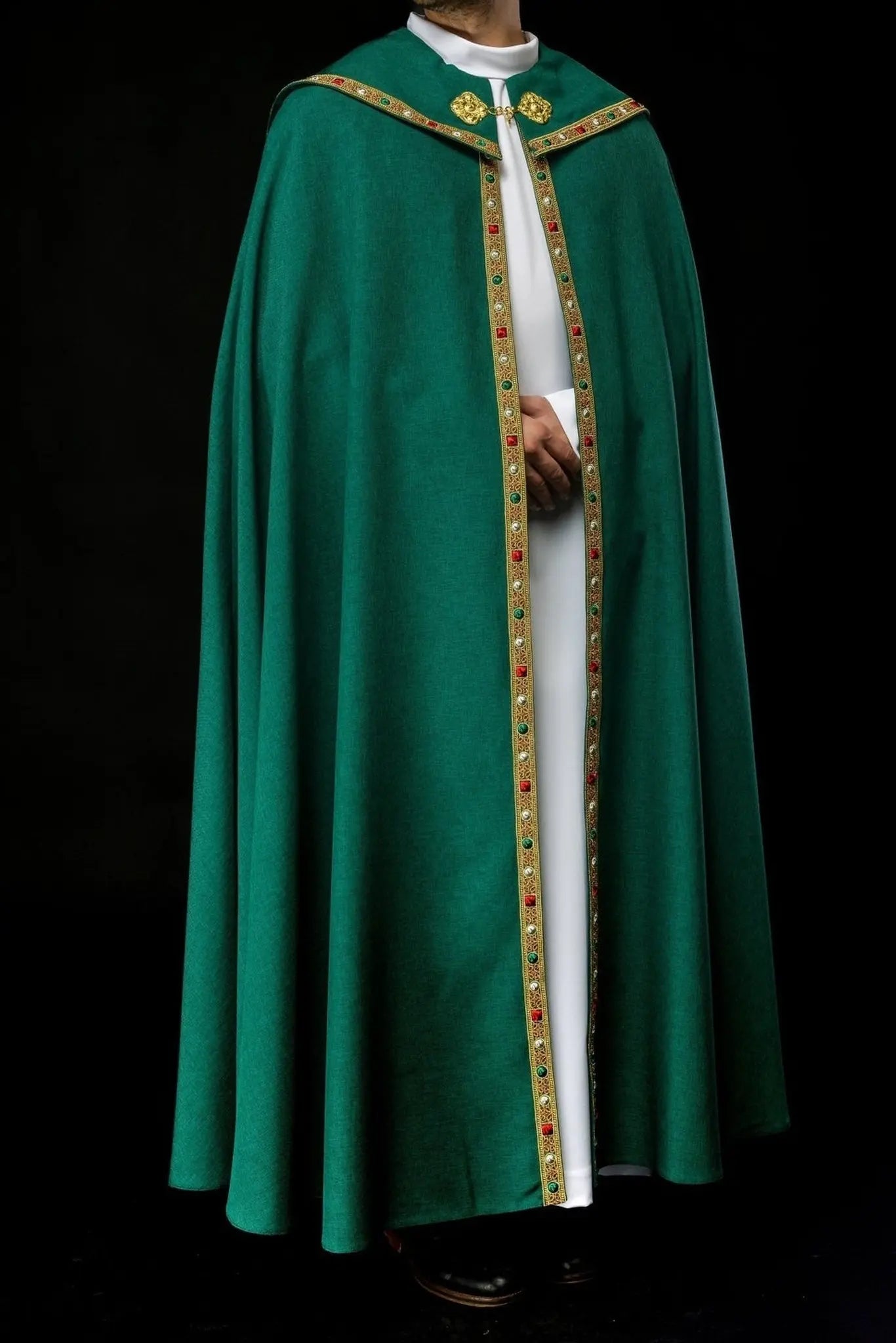 Green liturgical cape with gold IHS