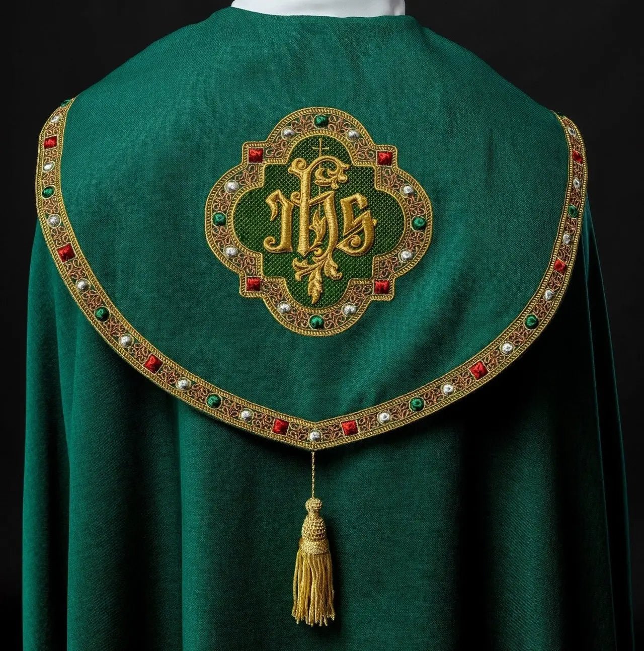Green liturgical cape with gold IHS