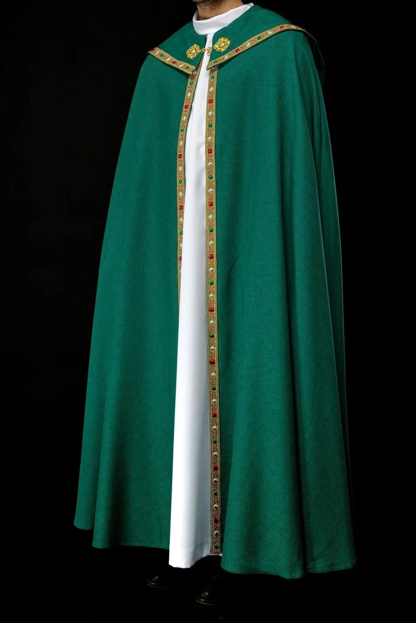 Green liturgical cape with gold IHS