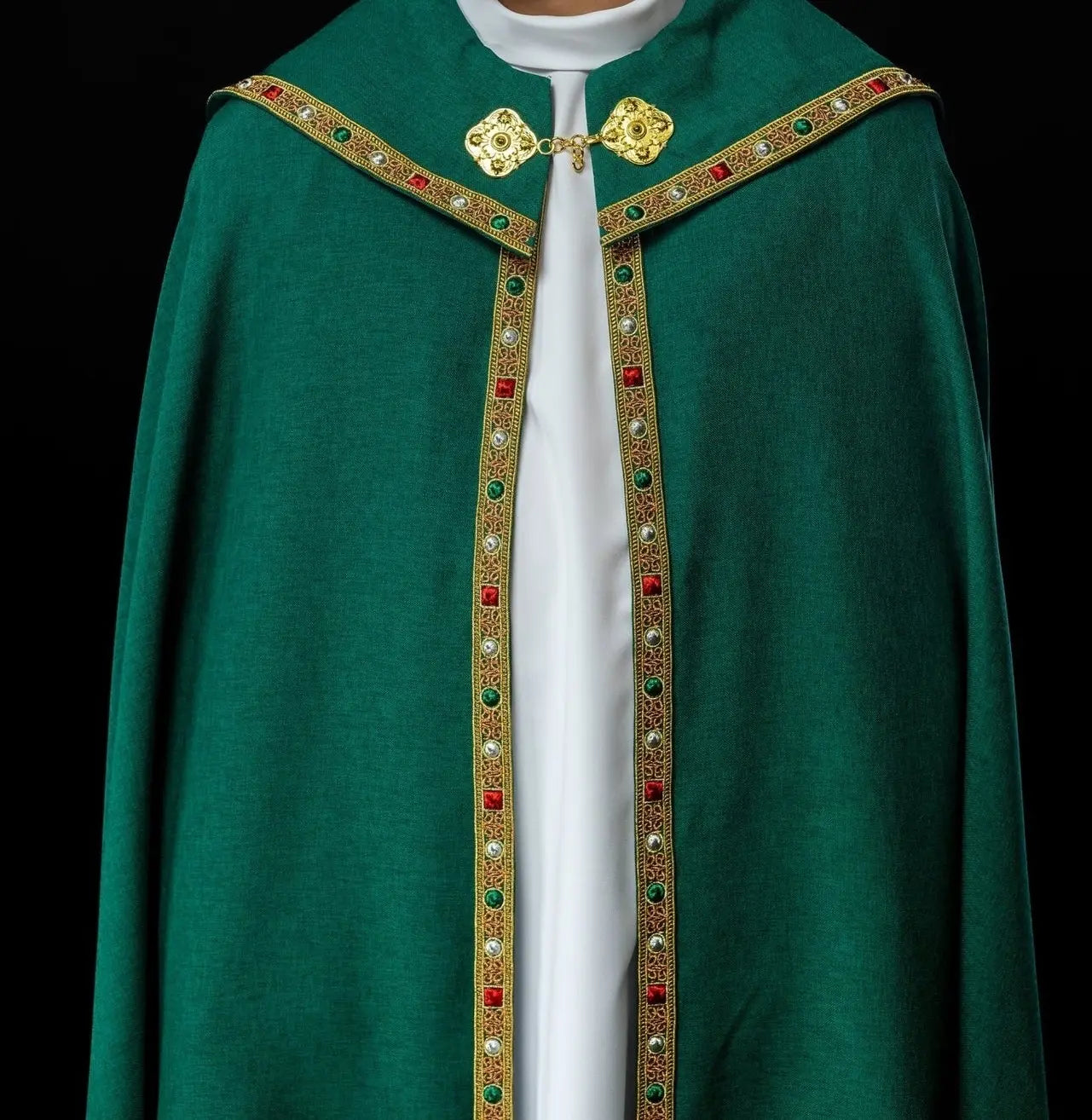 Green liturgical cape with gold IHS