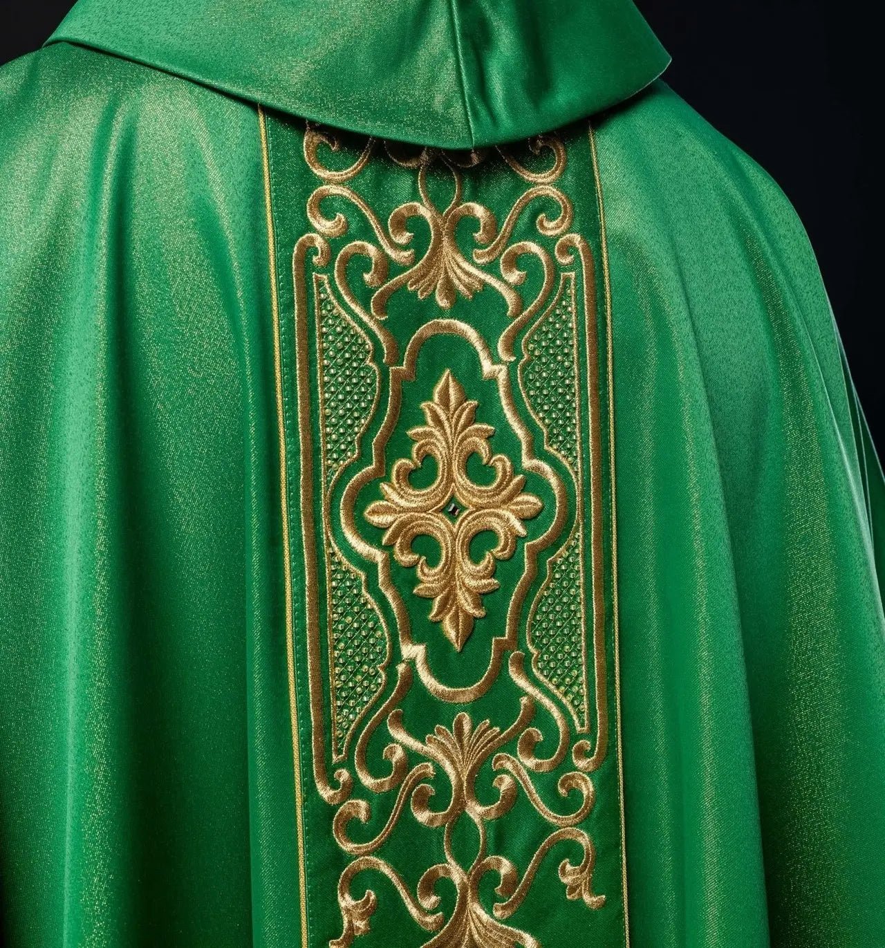 Green chasuble richly embroidered lustre