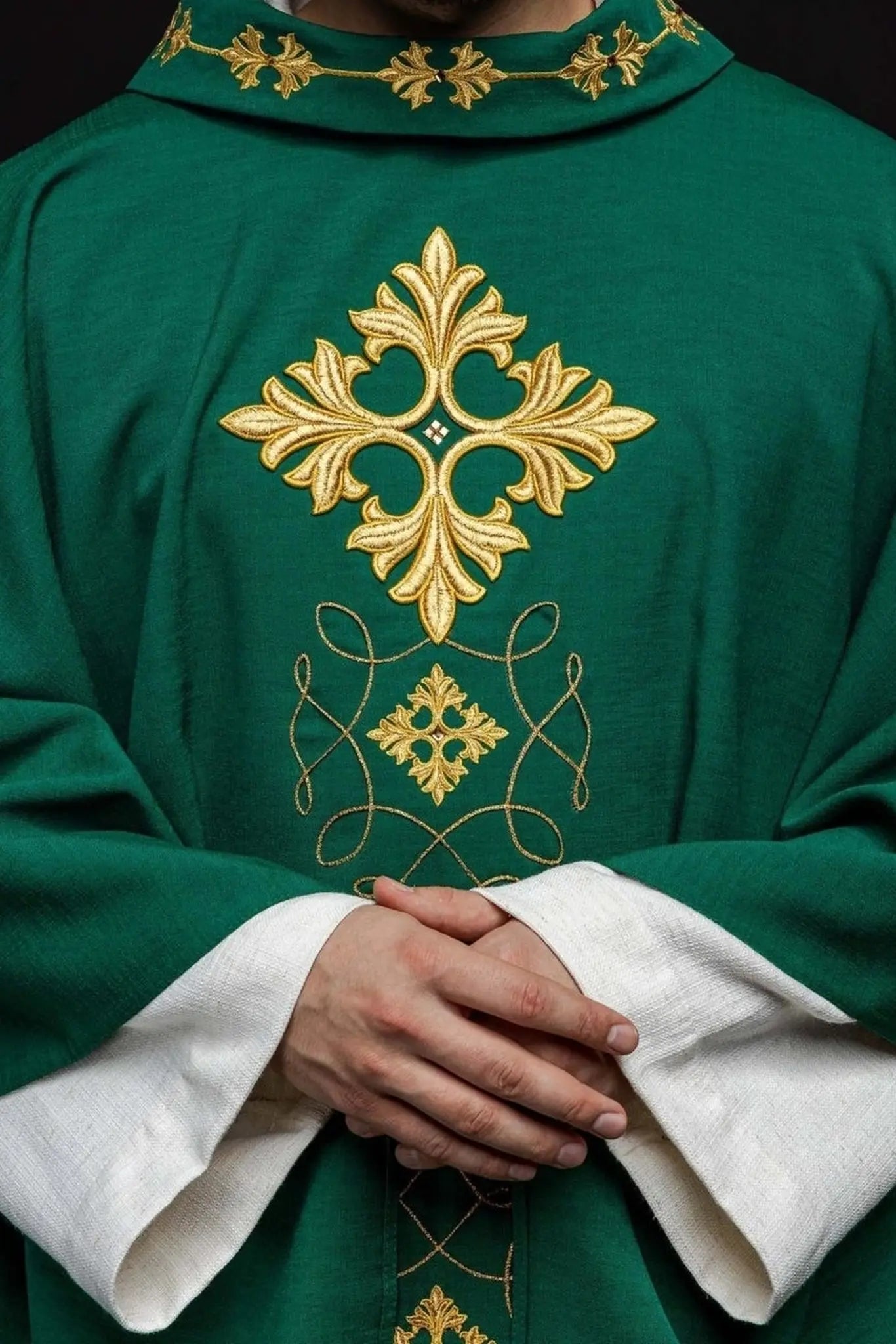 Green chasuble richly embroidered with string and stones