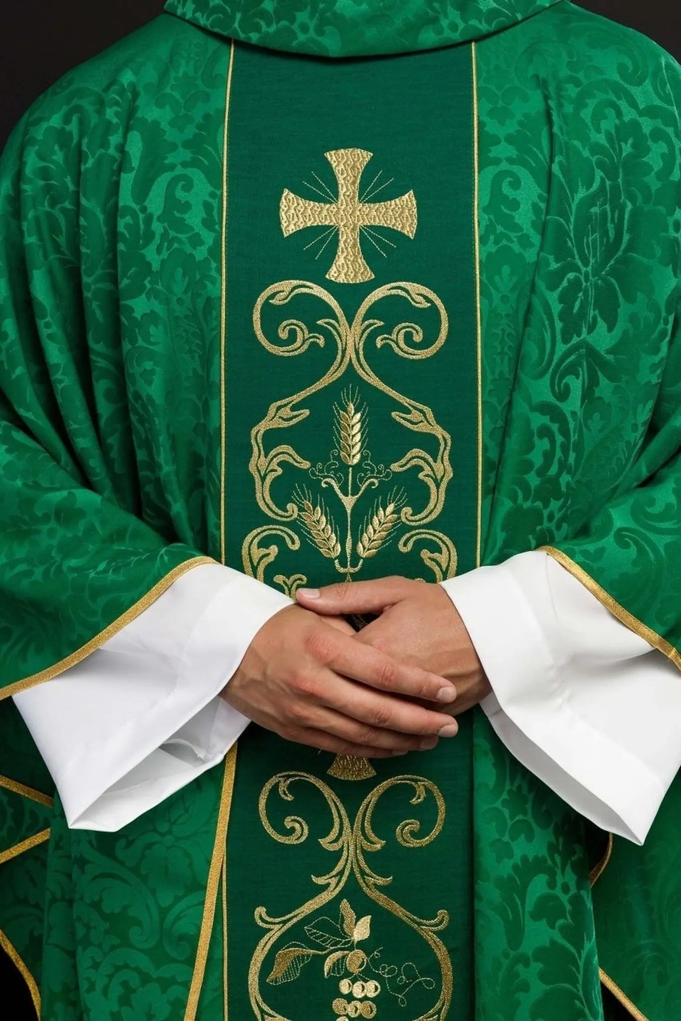 Green liturgical chasuble decorated with embroidered belt