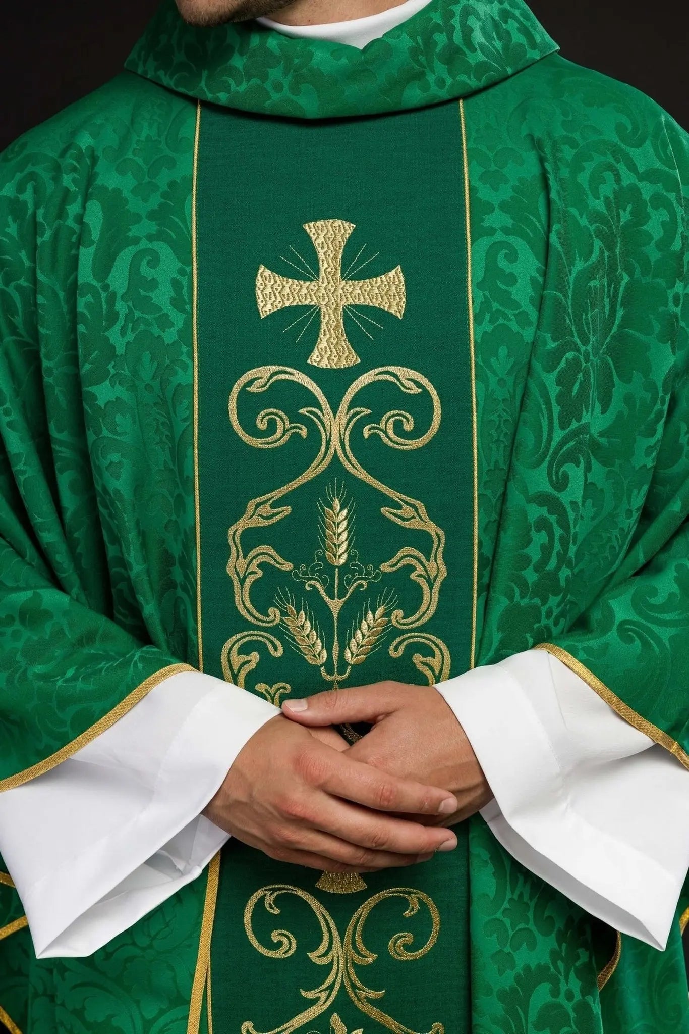 Green liturgical chasuble decorated with embroidered belt