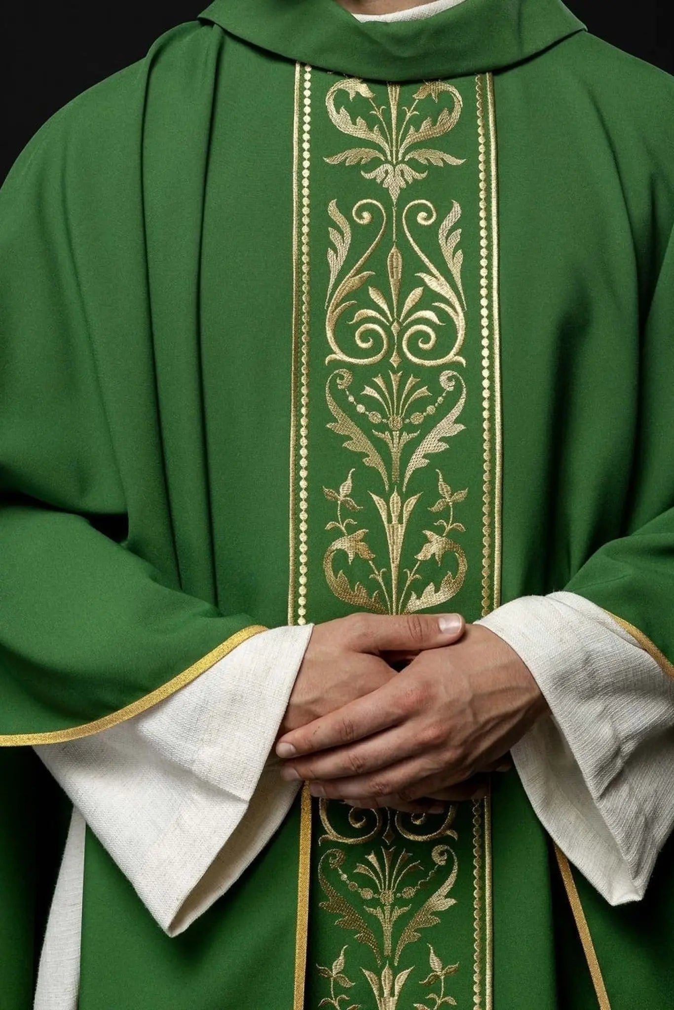Green liturgical chasuble decorated with gold embroidered belt