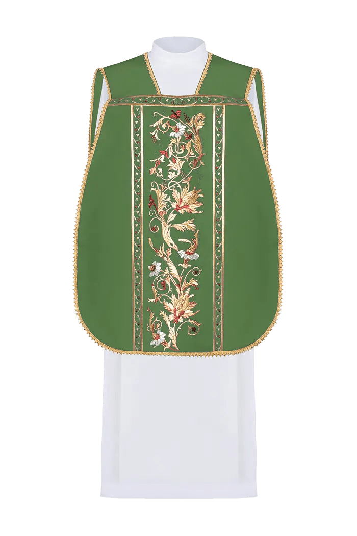 Green Roman chasuble embroidered with IHS motif