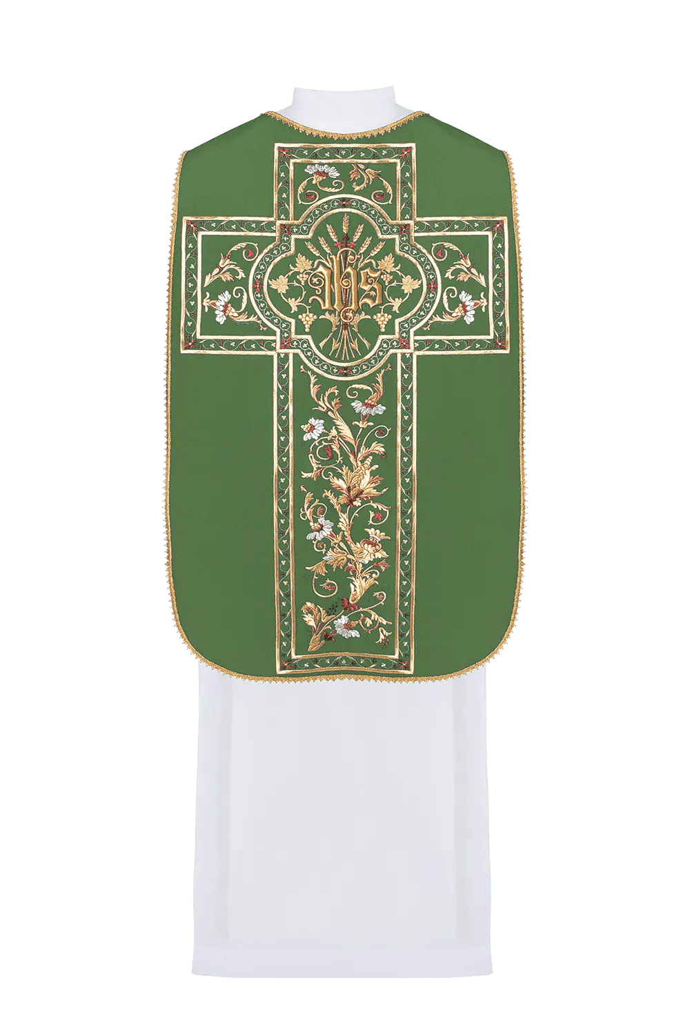 Green Roman chasuble embroidered with IHS motif