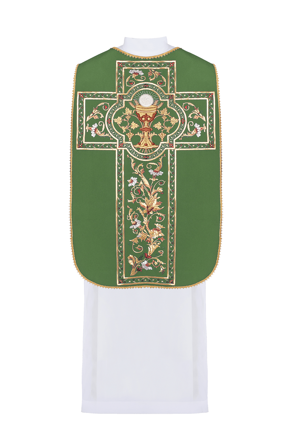 Zielony ornat rzymski haftowany z motywem kielicha eucharystycznego