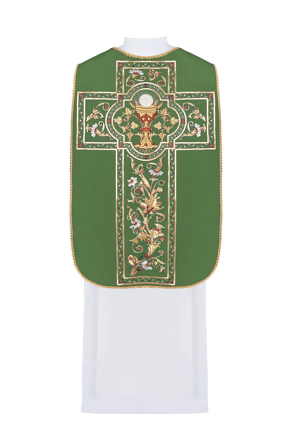 Green Roman chasuble embroidered with Eucharistic chalice motif
