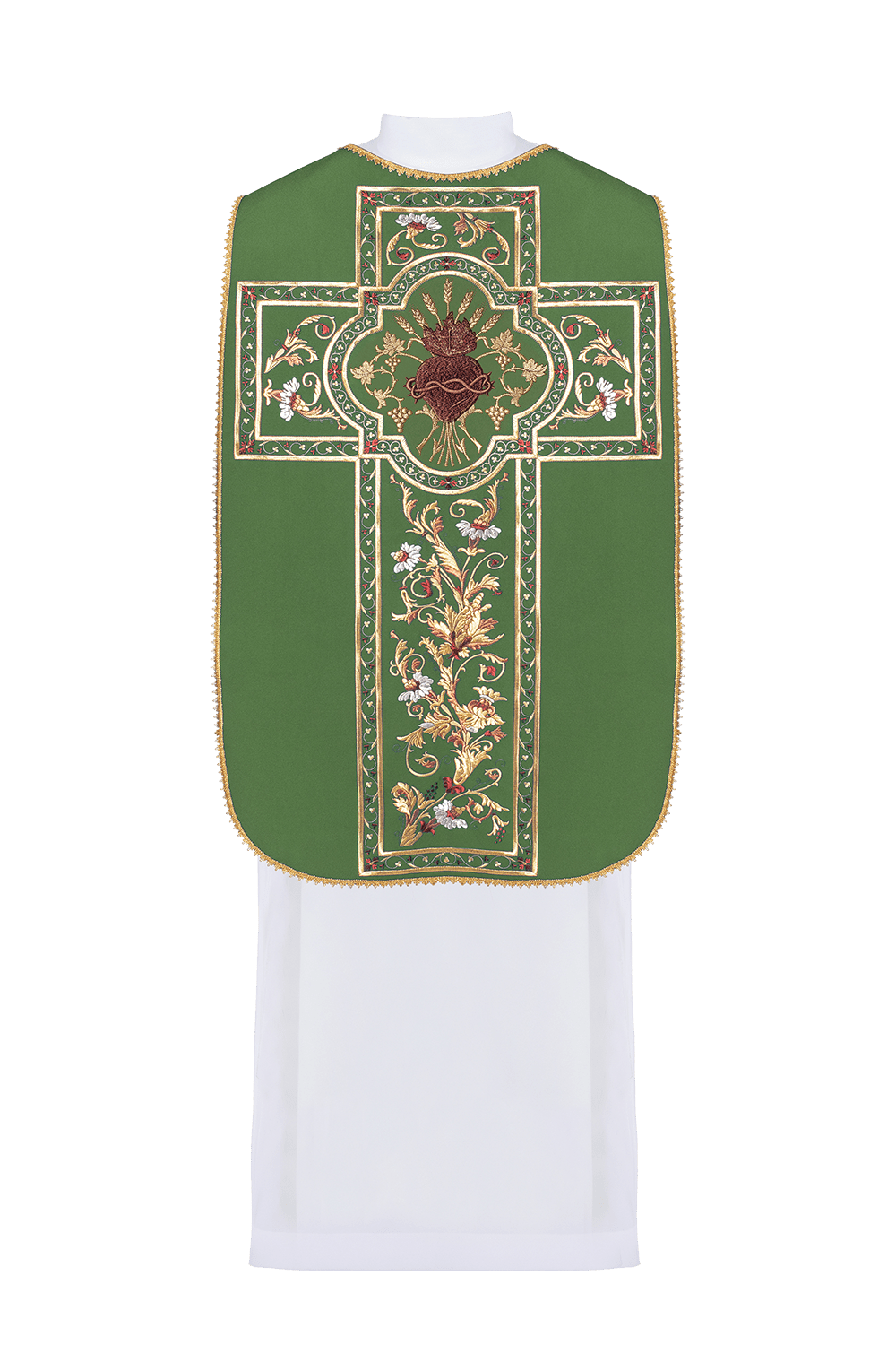 Zielony ornat rzymski haftowany z motywem Serca Jezusa Chrystusa