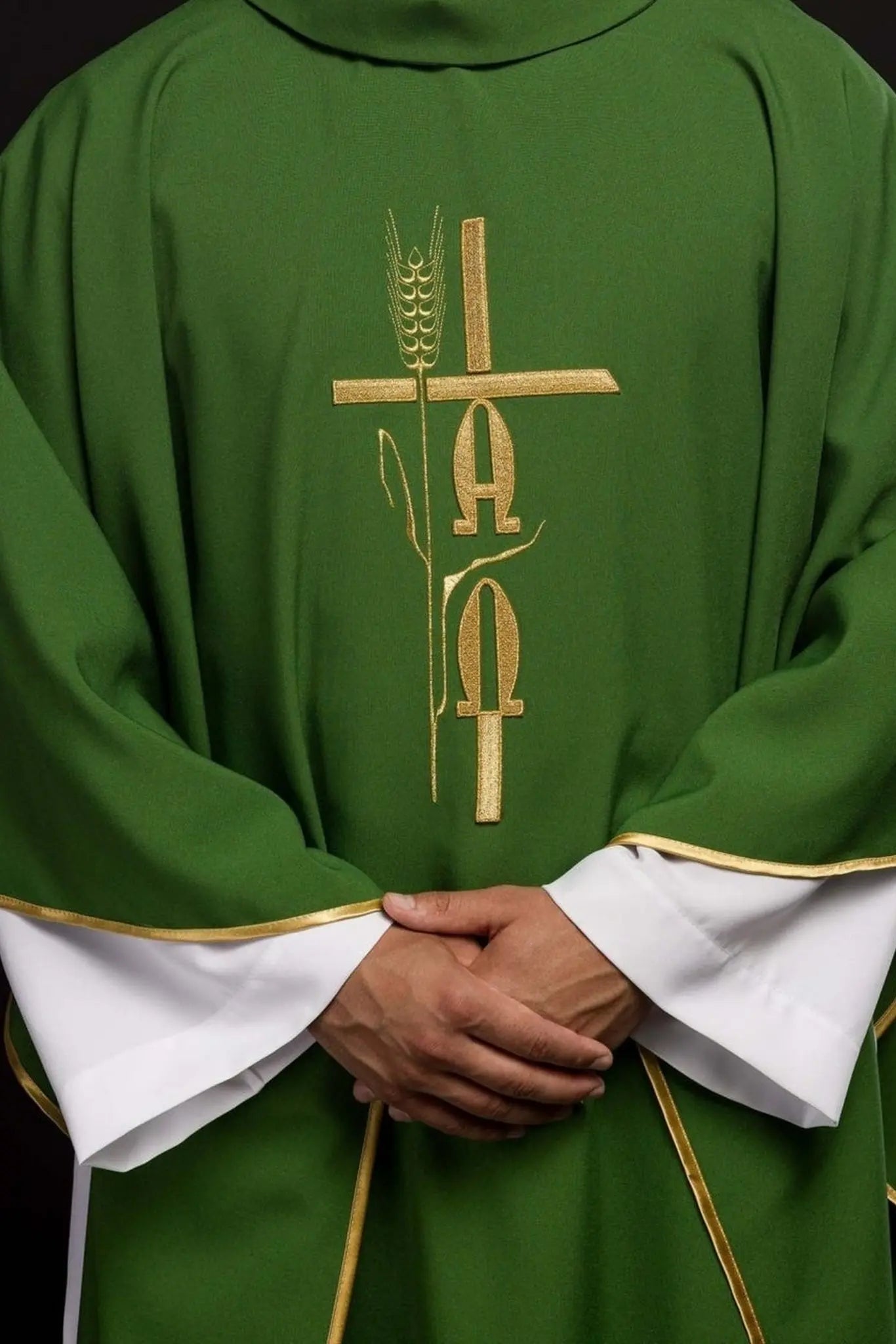 Green chasuble with Alpha Omega embroidery