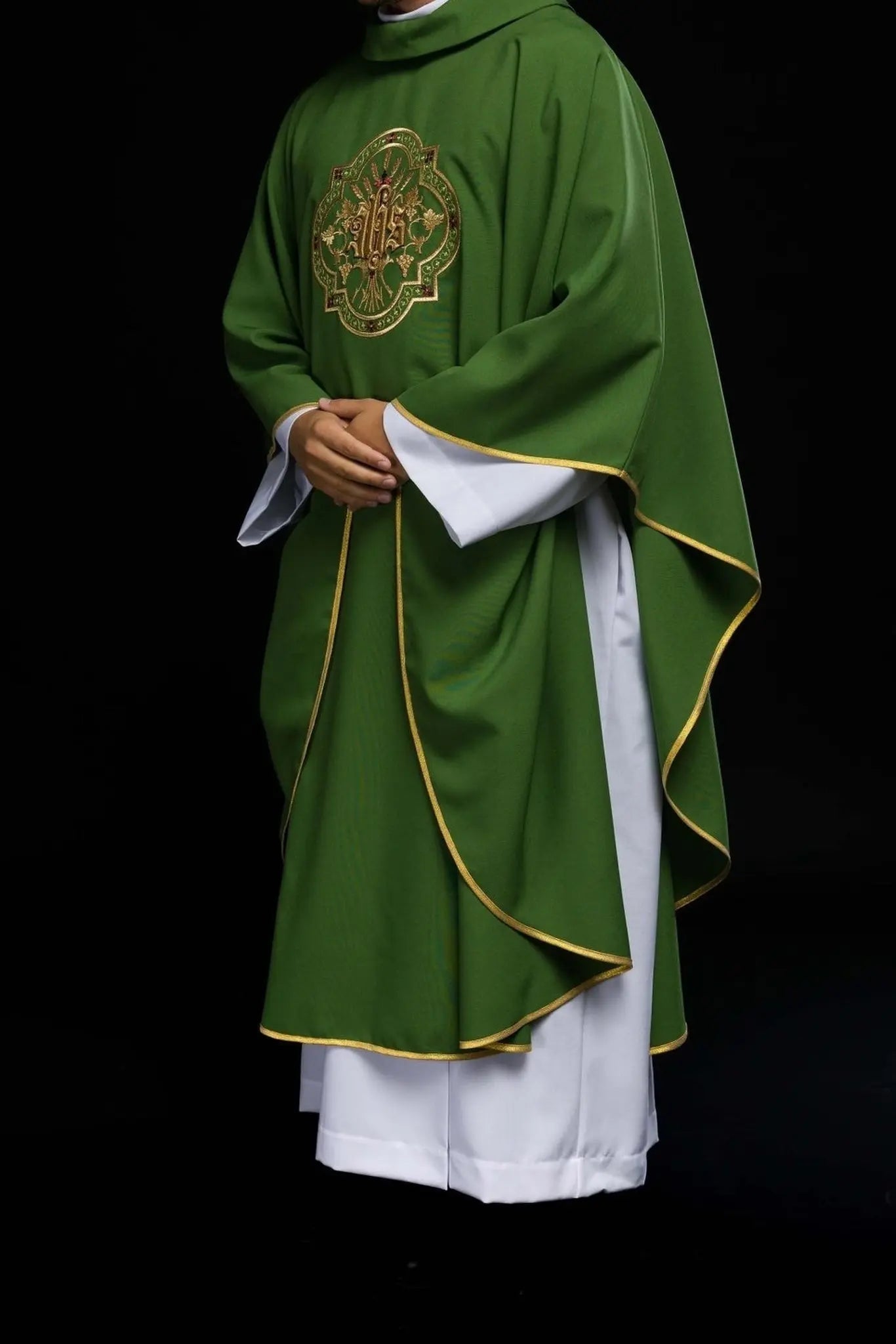 Green chasuble with IHS and PAX embroidery
