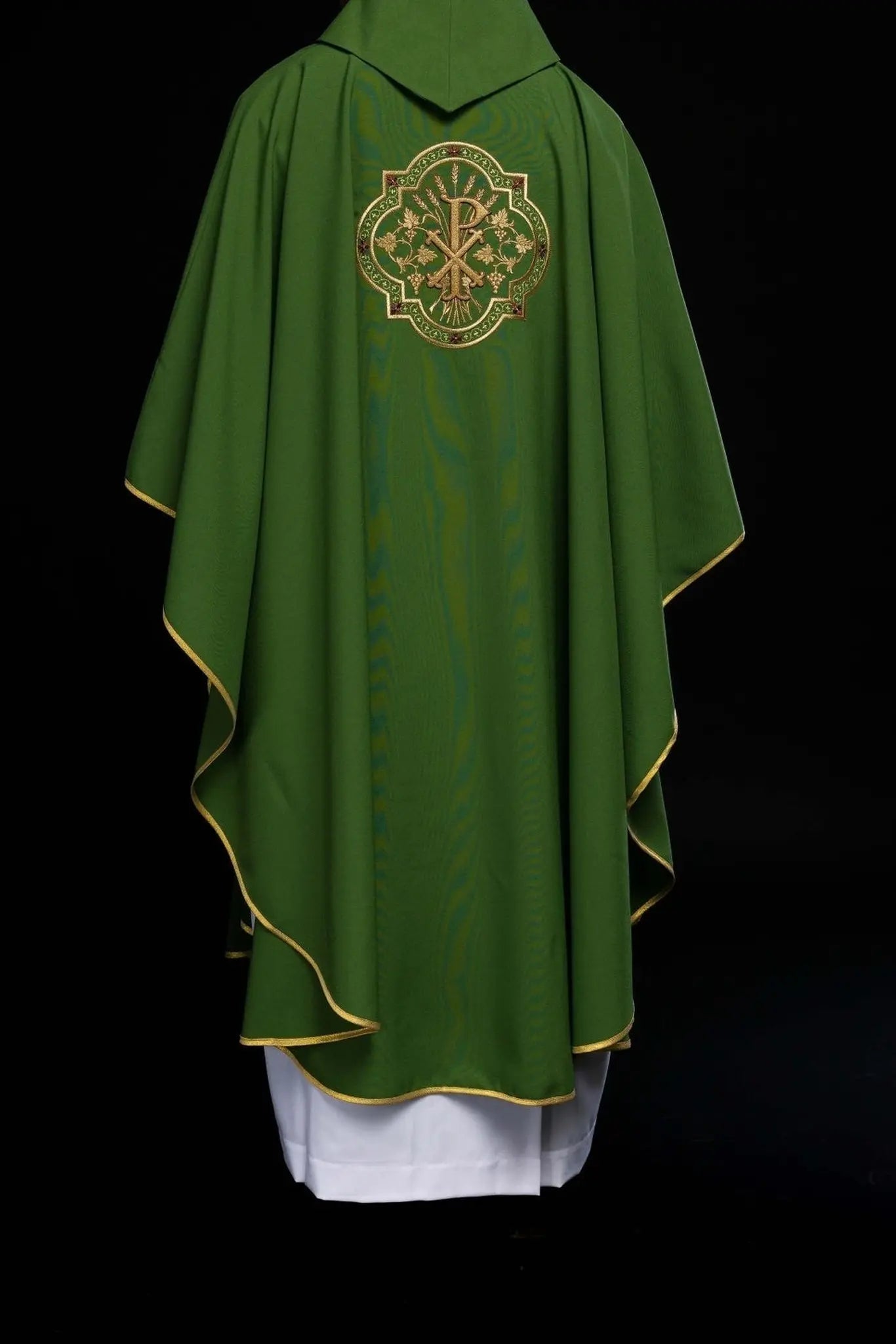Green chasuble with IHS and PAX embroidery