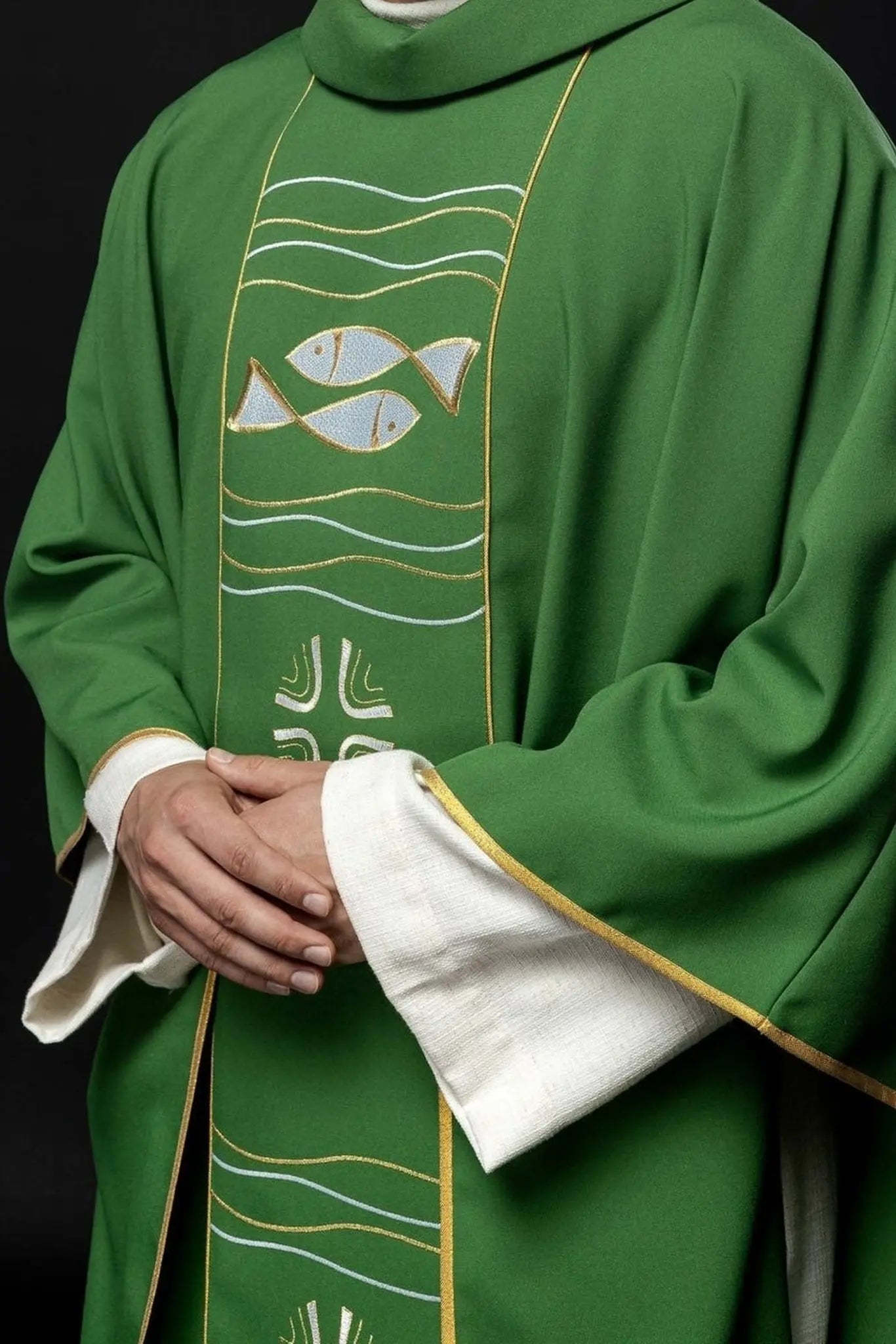 Green chasuble with cross and fish embroidery