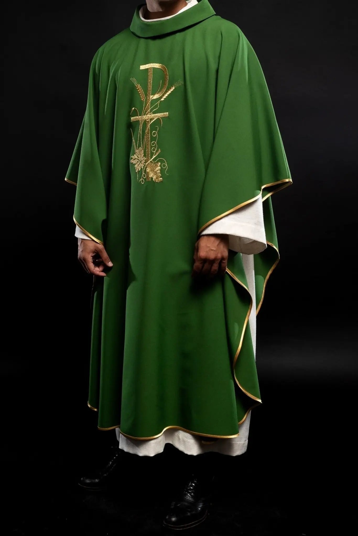 Green chasuble with gold cross embroidery