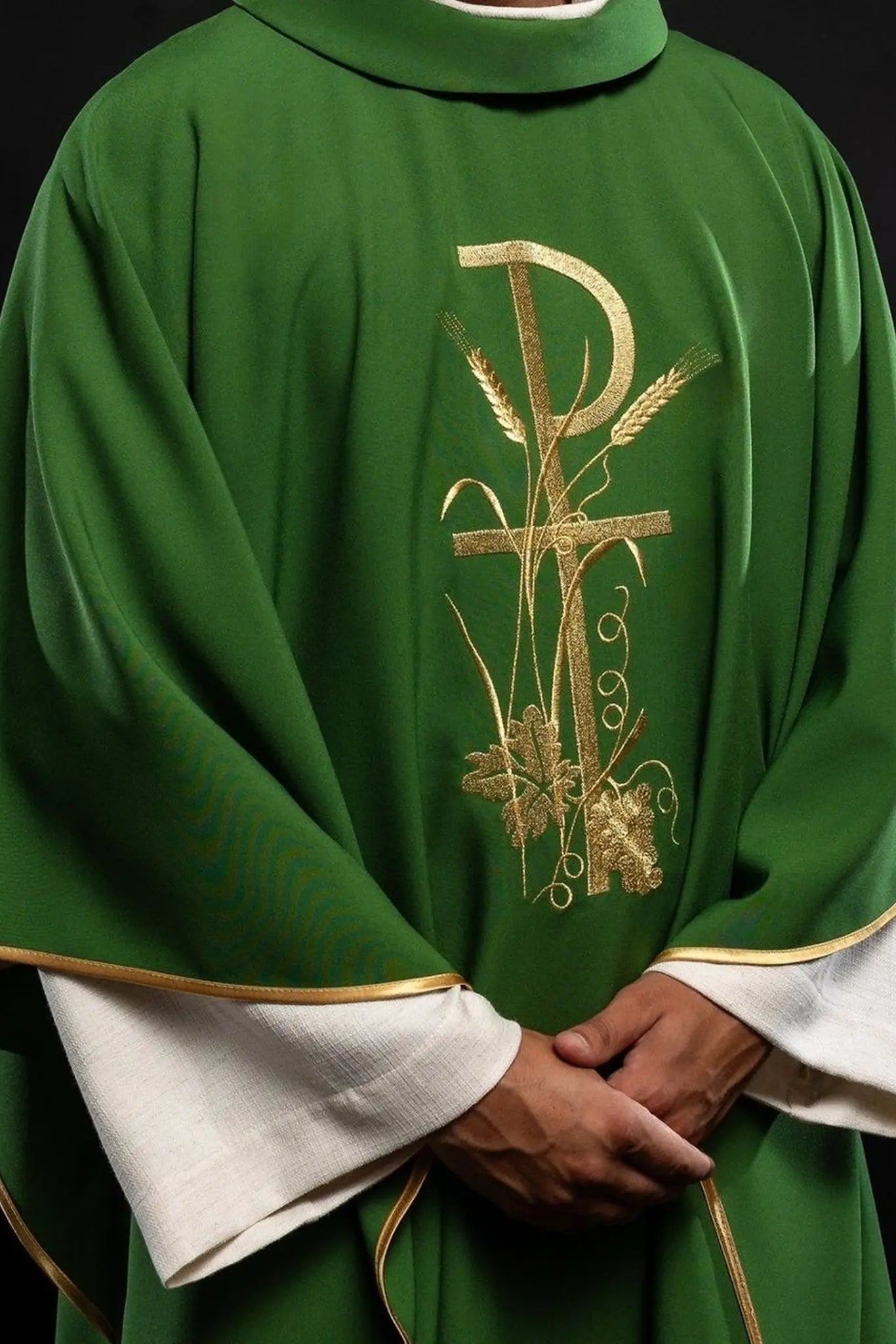 Green chasuble with gold cross embroidery
