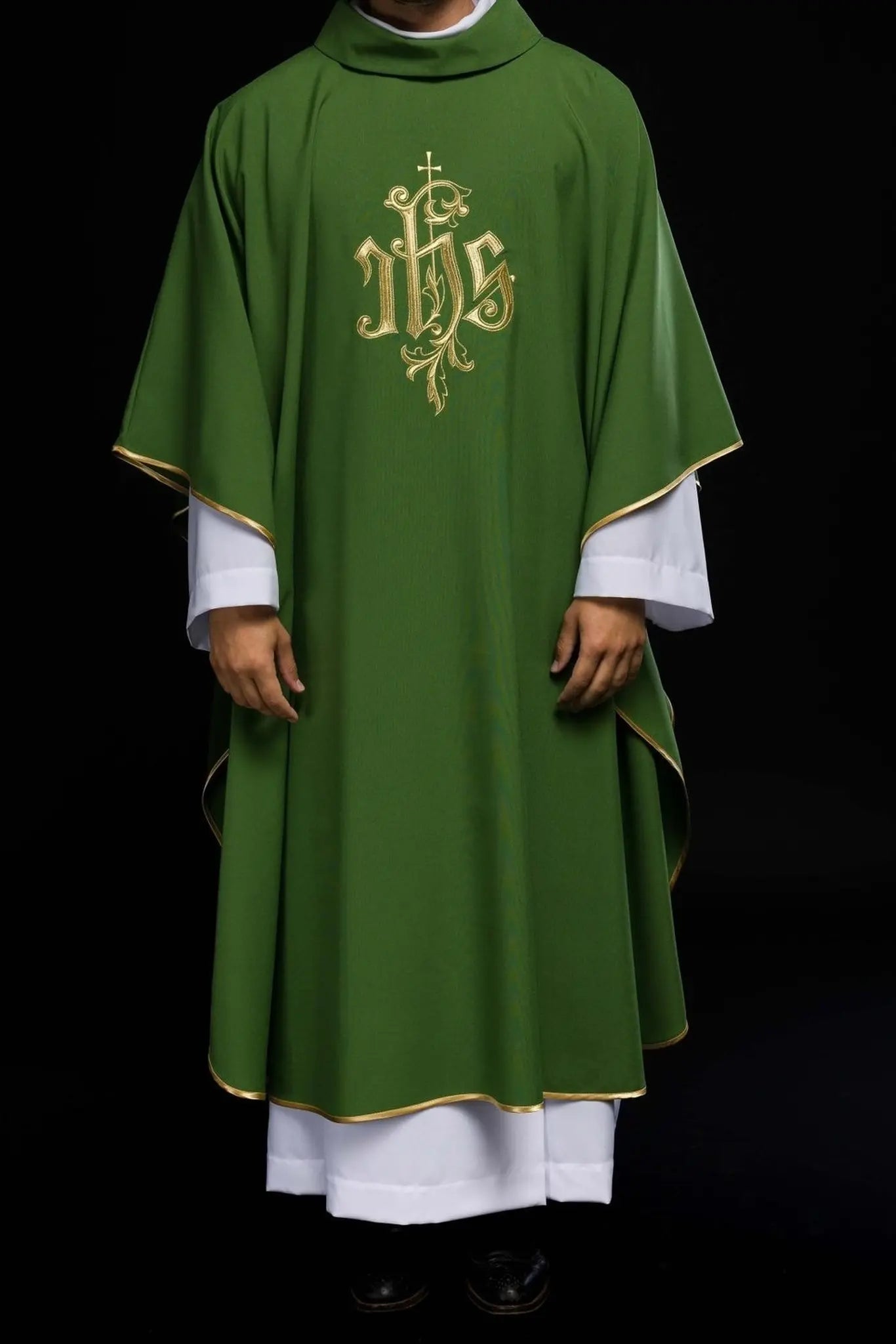 Green chasuble with gold IHS embroidery