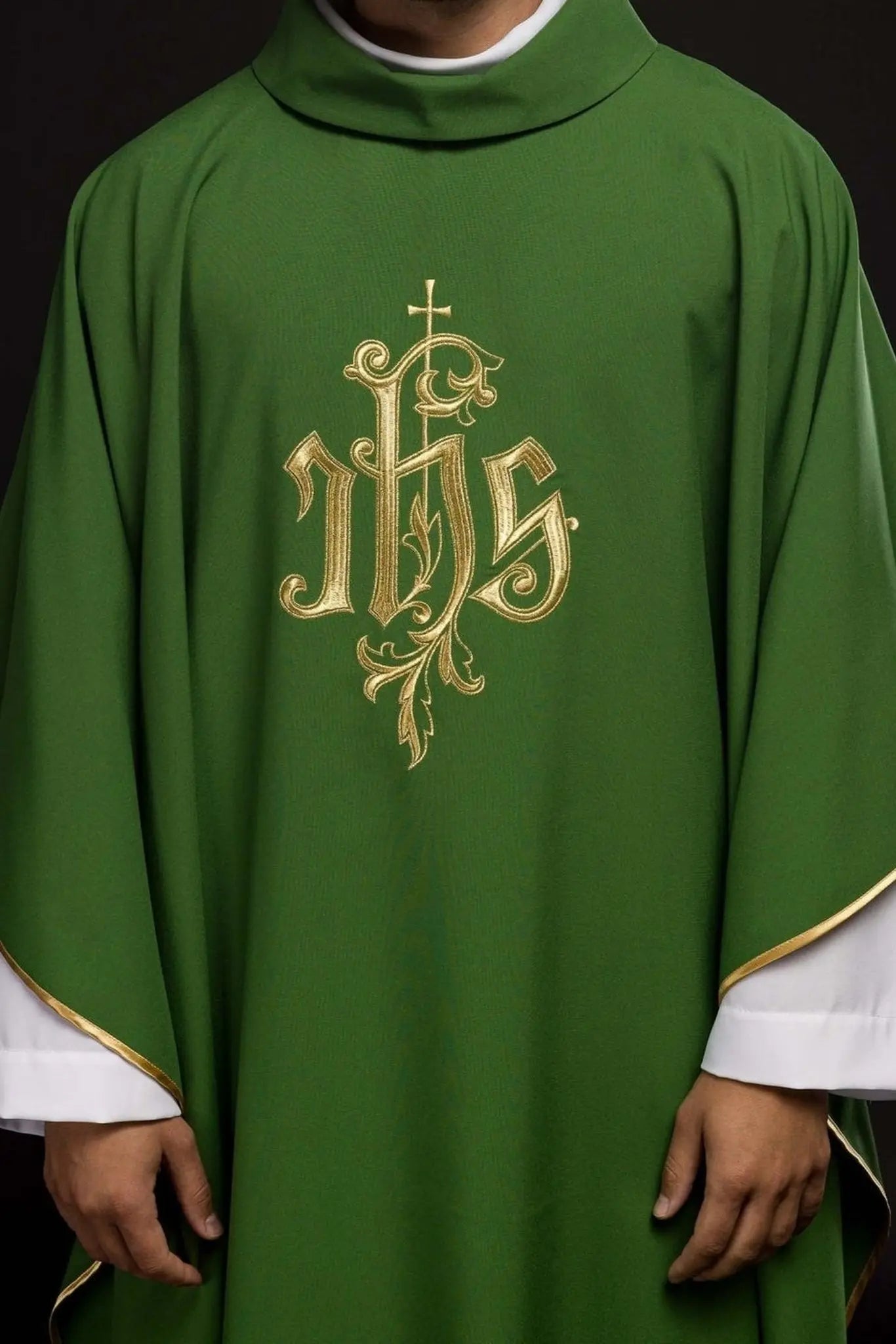 Green chasuble with gold IHS embroidery