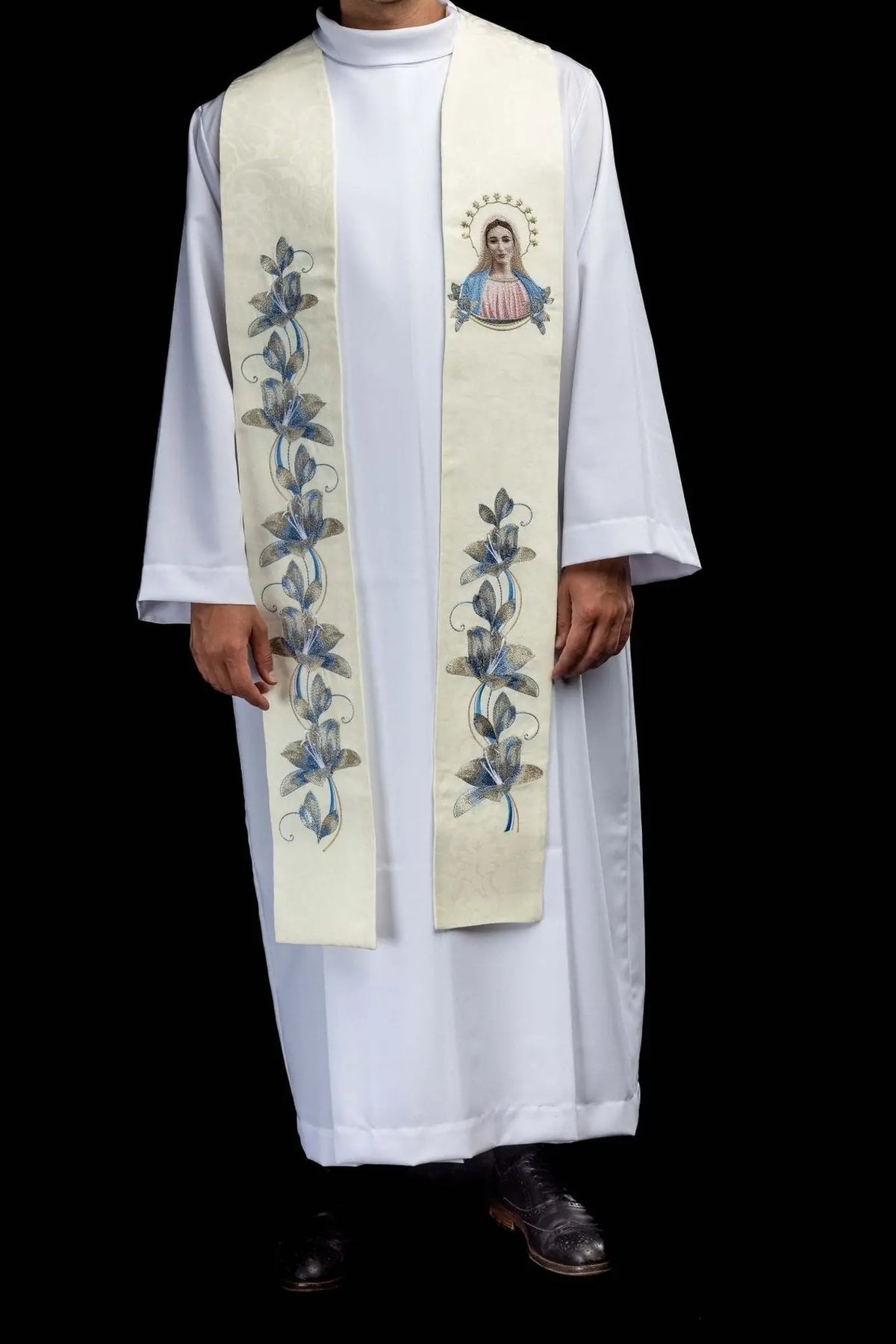 Ecru stole with embroidered image of Our Lady of Medjugorje, front view