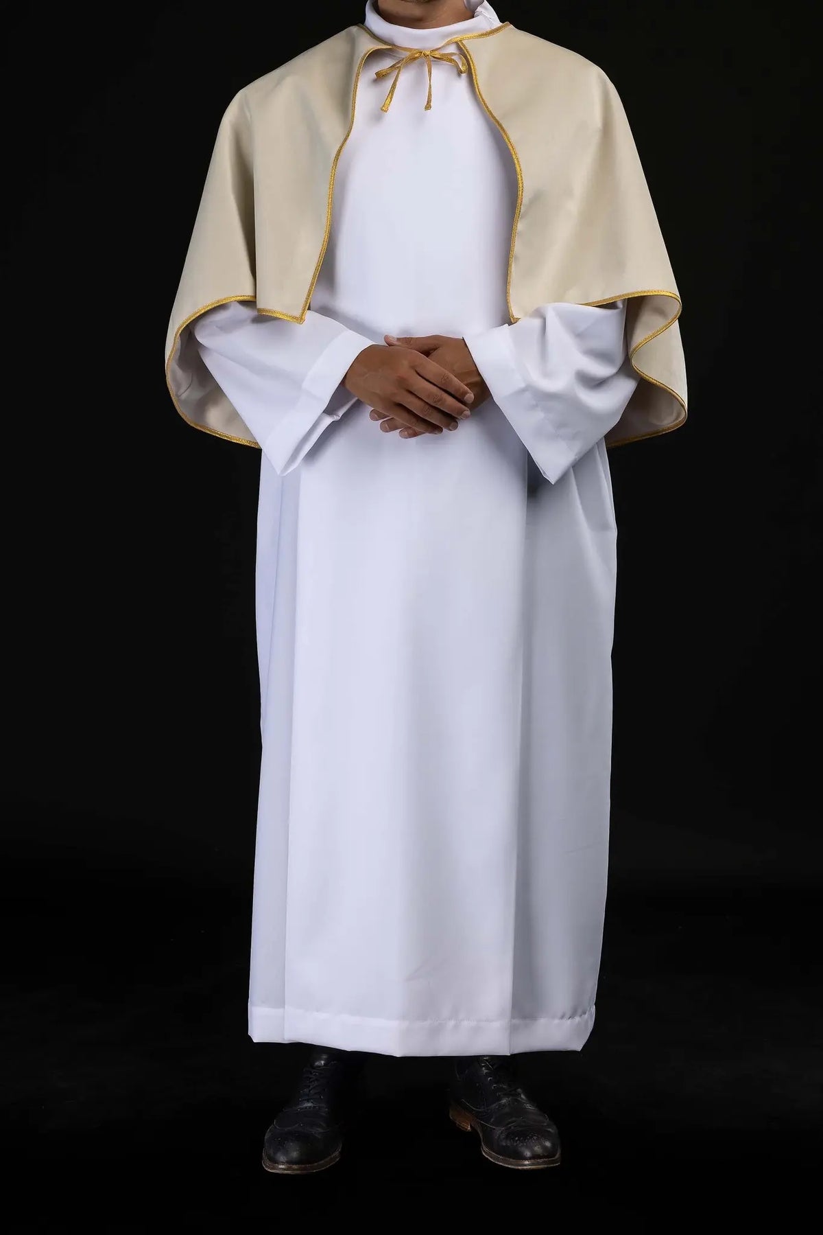 Ecru Velvet Altar Server Cape for Christmas and Easter with gold trim, front worn view