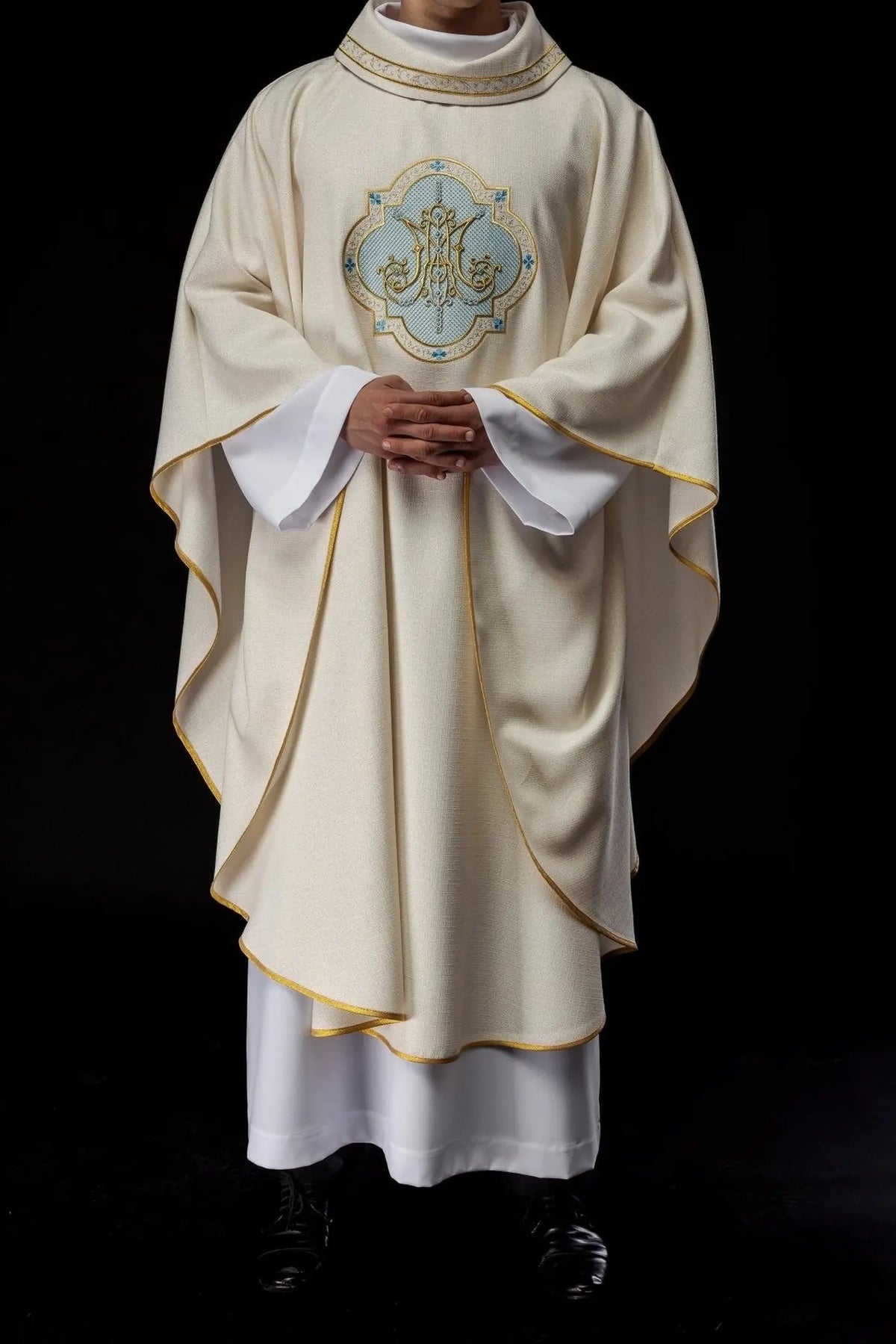 Ecru Marian chasuble with embroidered Marian motif, full front view