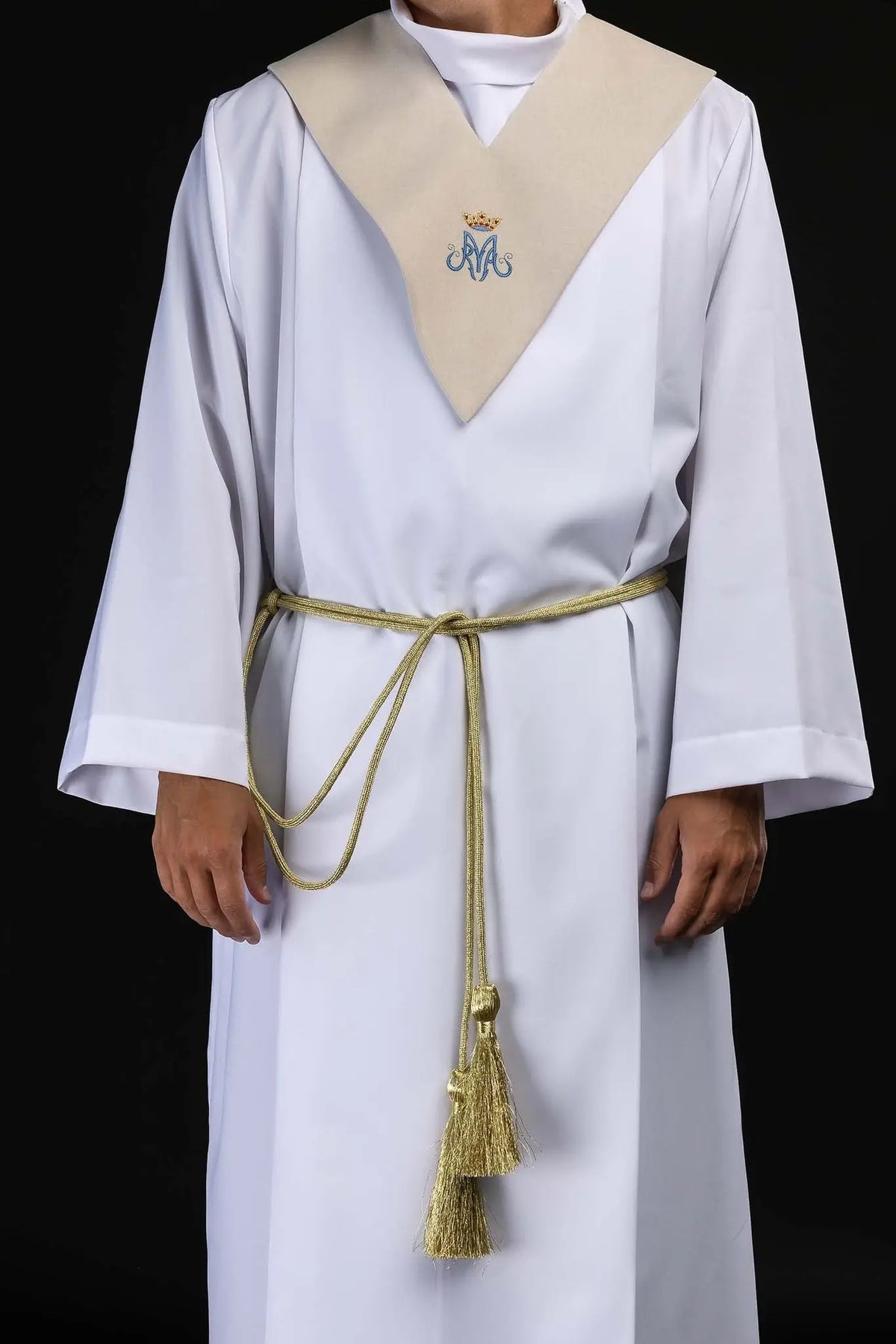 Ecru lector's scapular with crowned Marian monogram, front view