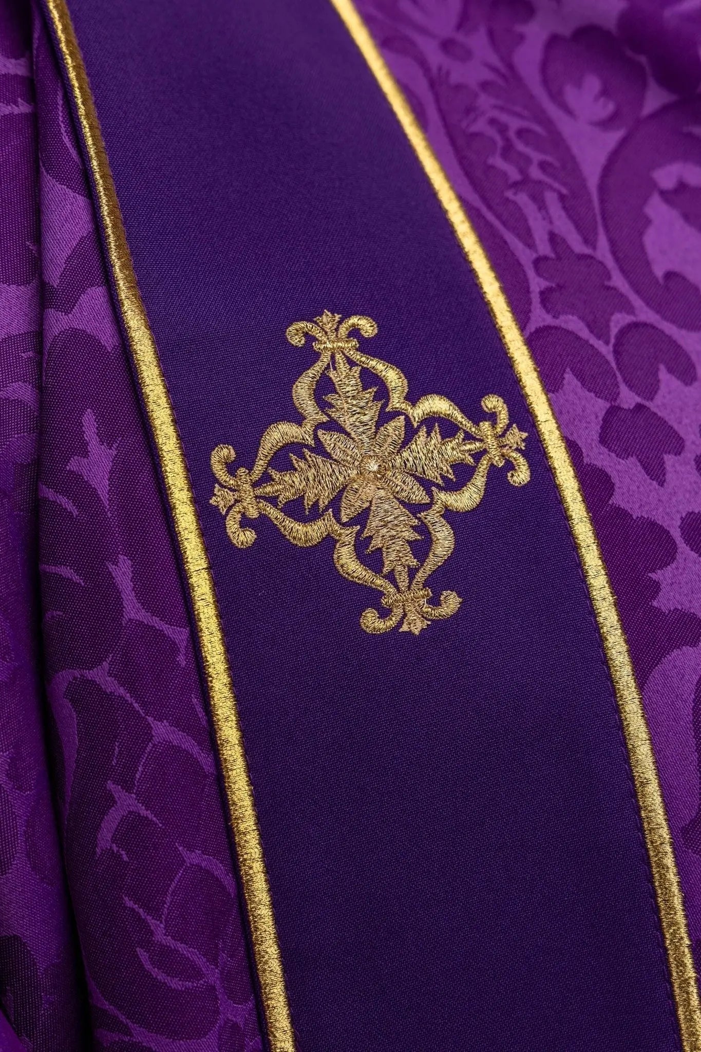 Purple Jacquard Dalmatic with Gold Cross Embroidery