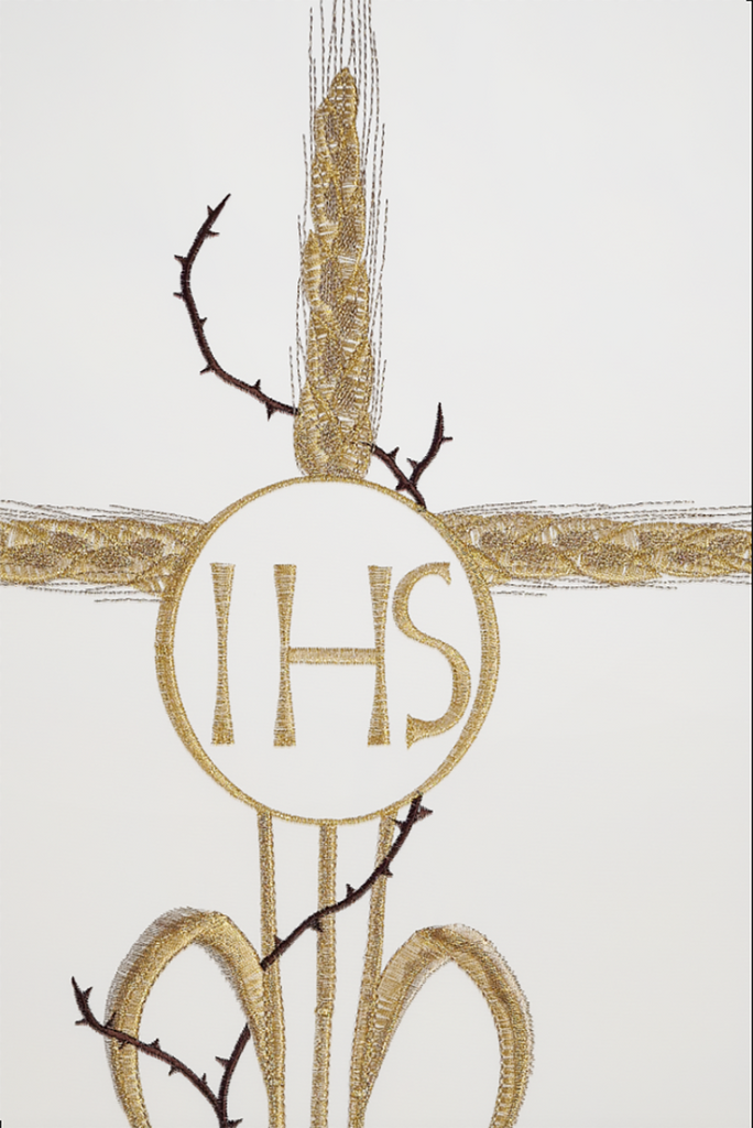 Embroidered lectern napkin with motif of the Cross and IHS