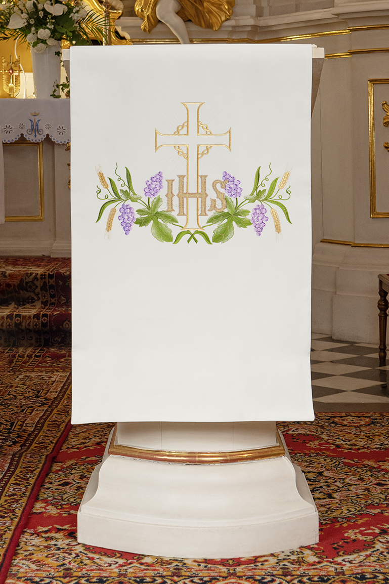 Embroidered lectern napkin with IHS motif and cross