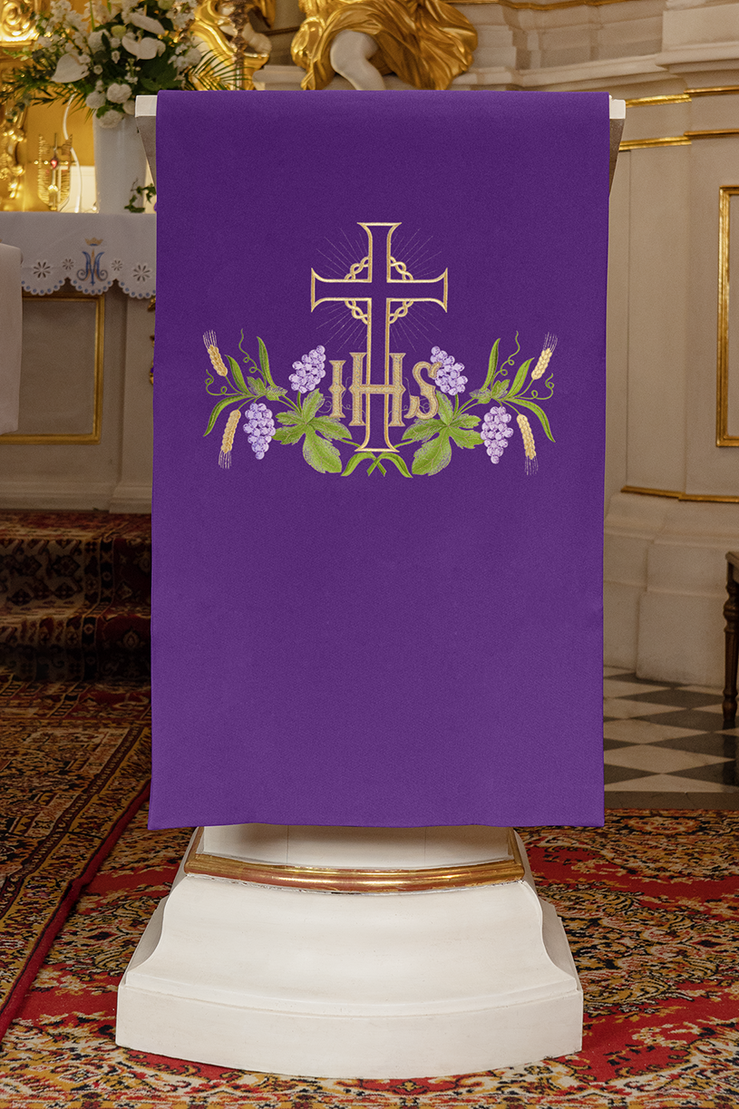 Embroidered lectern napkin with IHS motif and cross