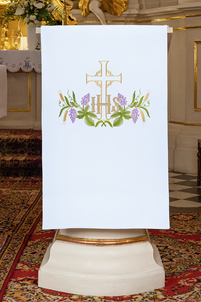 Embroidered lectern napkin with IHS motif and cross