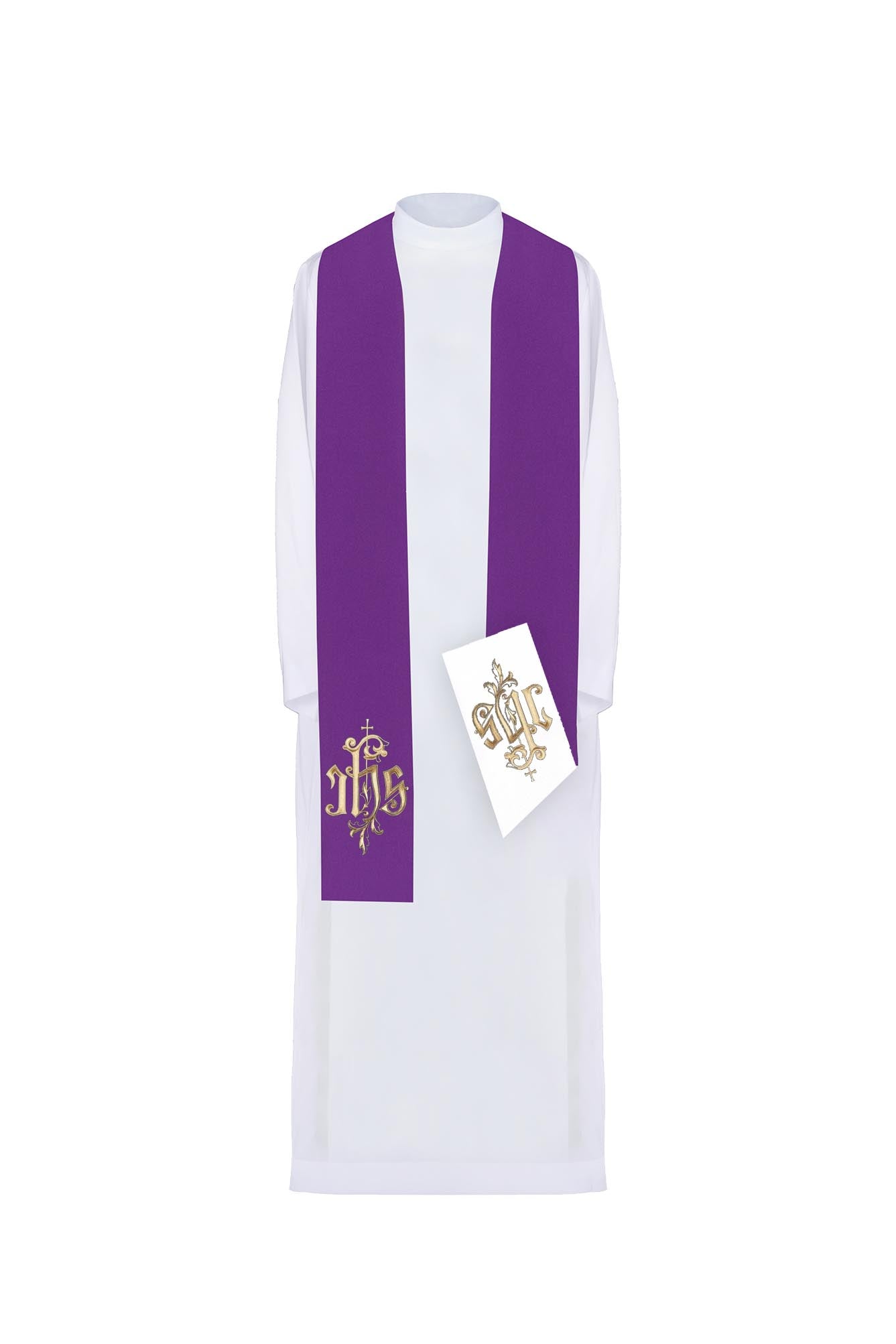 Double-sided embroidered stole IHS purple and white