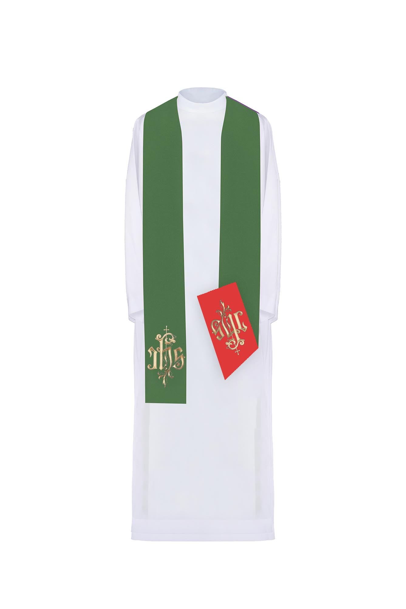 Two-sided embroidered stole IHS green-red