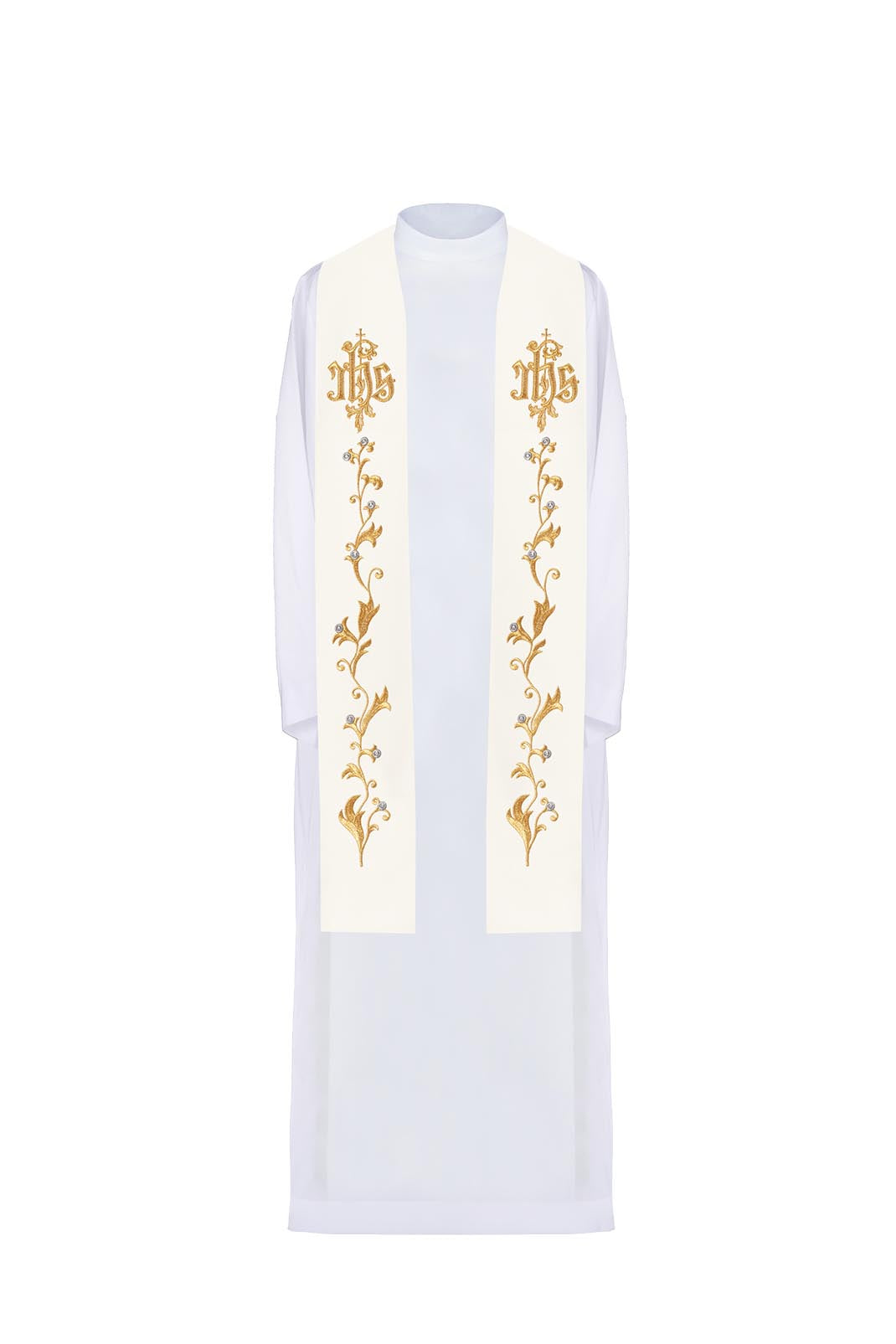 Embroidered stole IHS on cross ecru