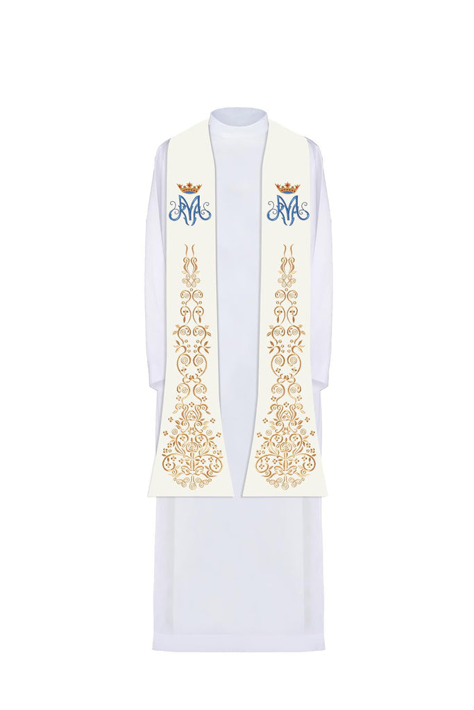 Embroidered stole Marian motif with ecru crown