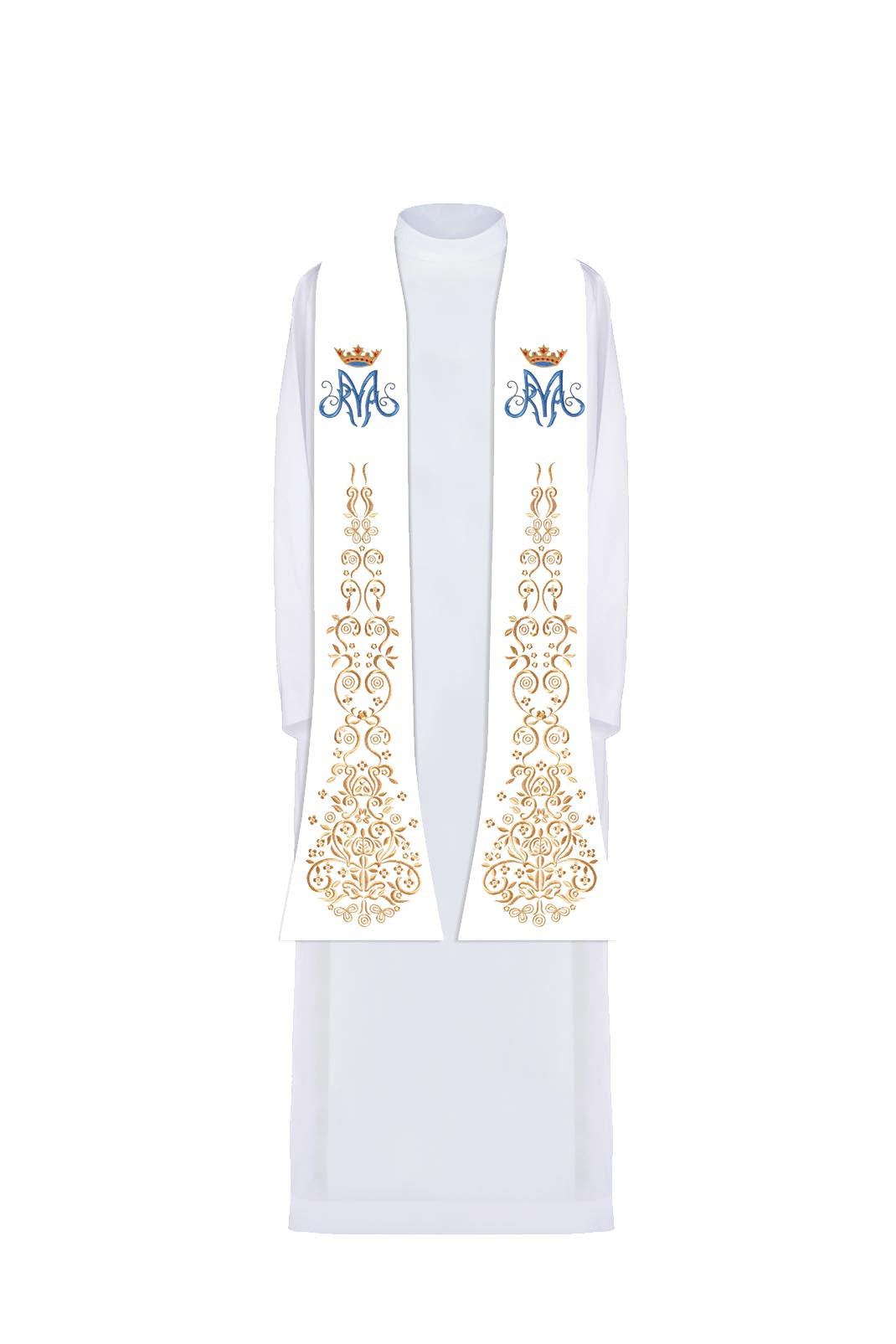 Priest's stole white embroidered Marian motif with crown