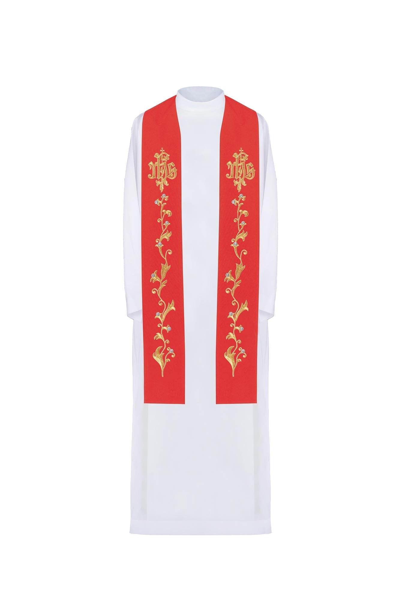 Priest's stole red embroidered IHS on the cross