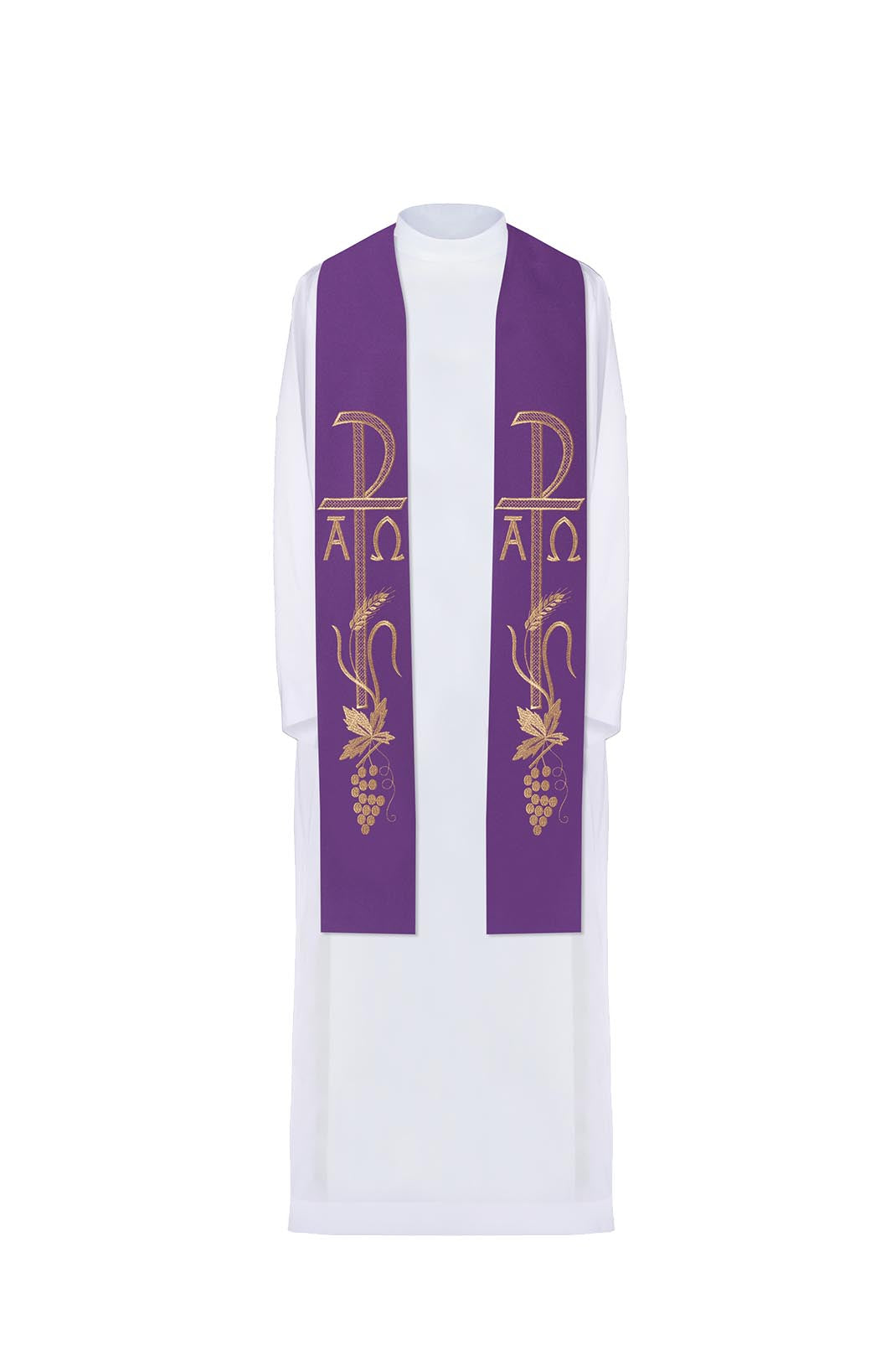 Alpha and Omega embroidered purple priest's stole