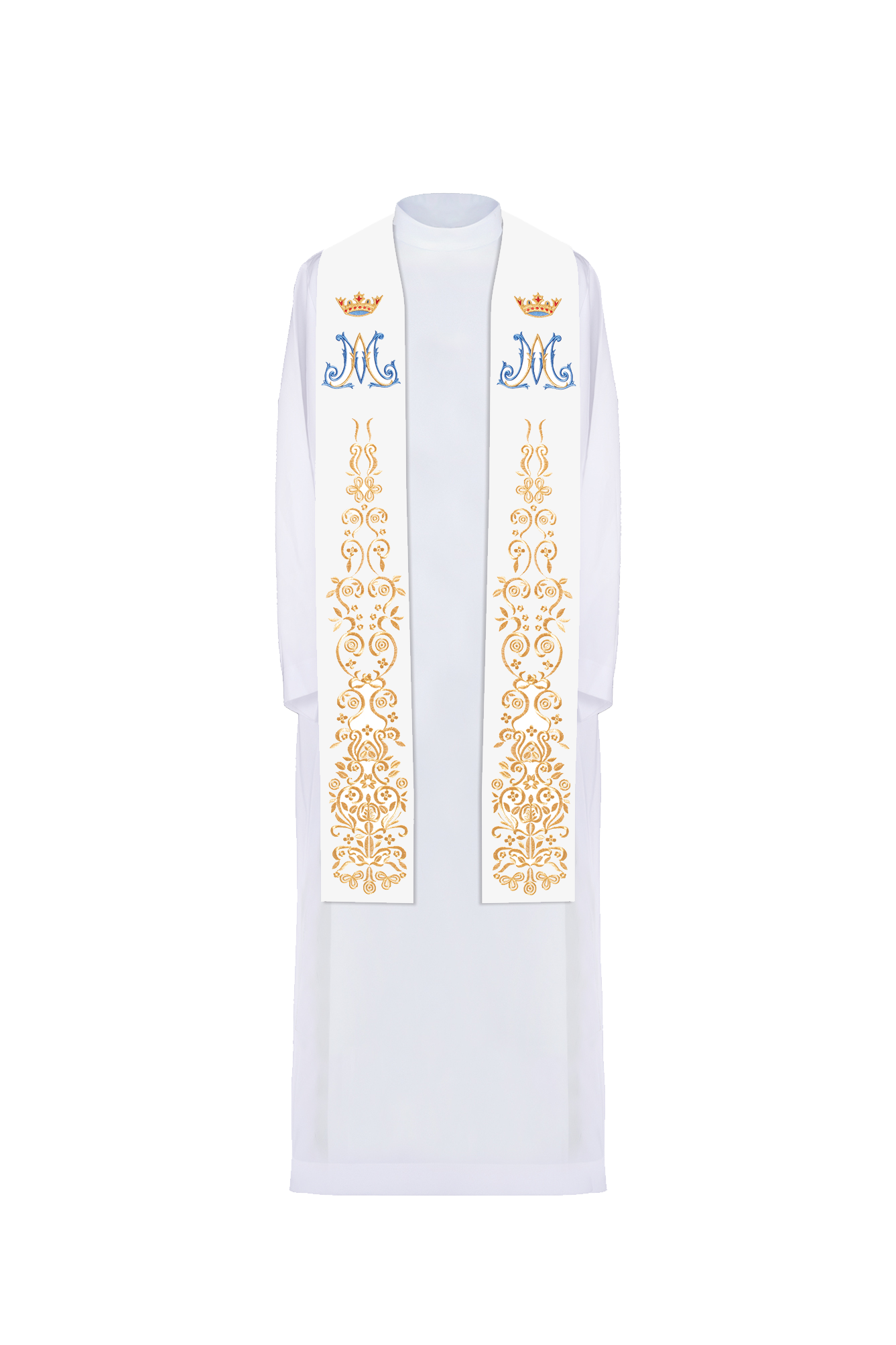 Embroidered white Marian priest's stole