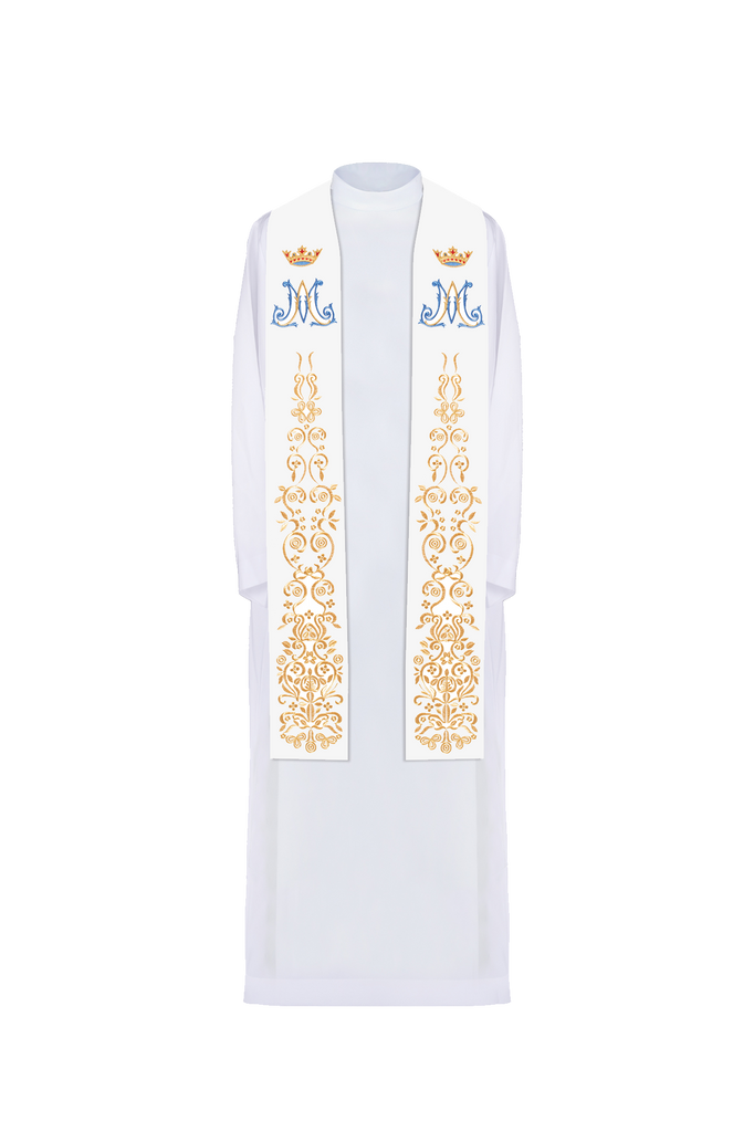 Embroidered white Marian priest's stole