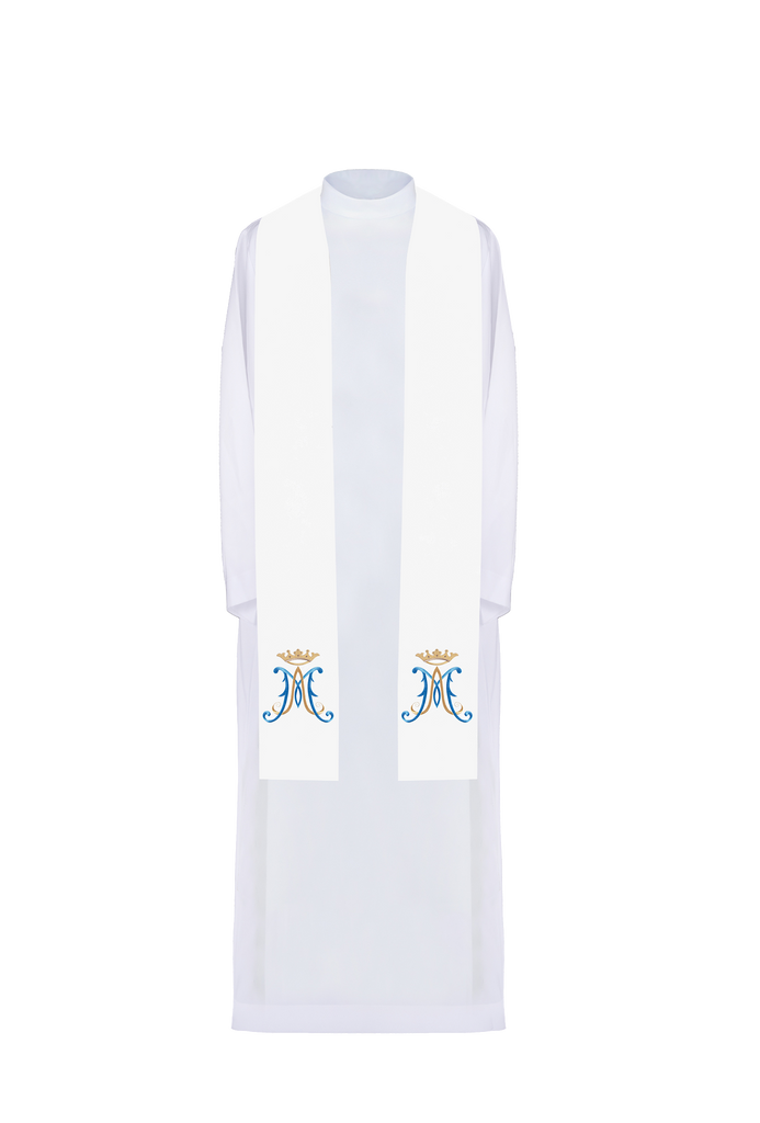 Embroidered white Marian priest's stole