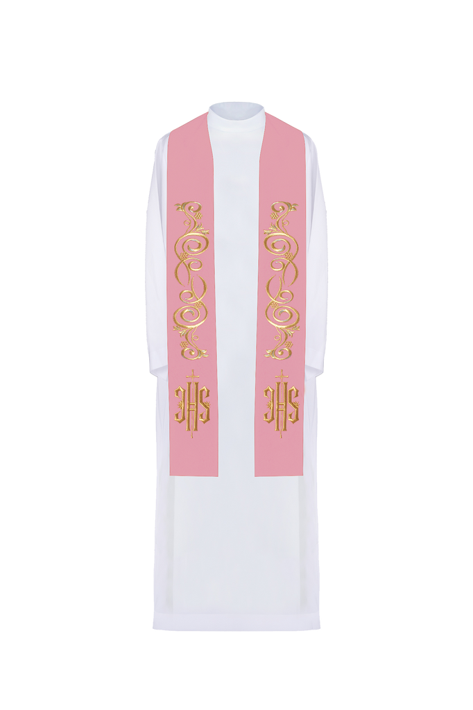 Embroidered priest's stole IHS Pink