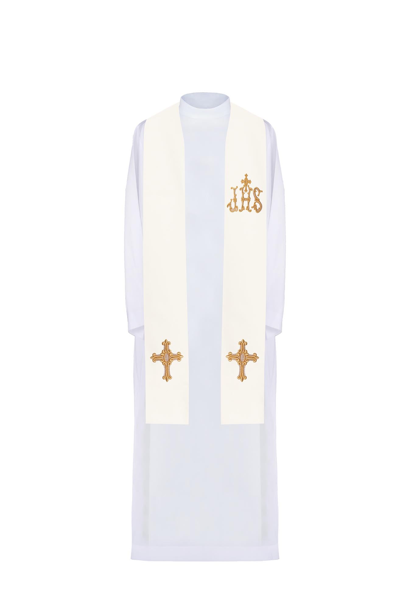 Embroidered priest's stole Cross and IHS ecru