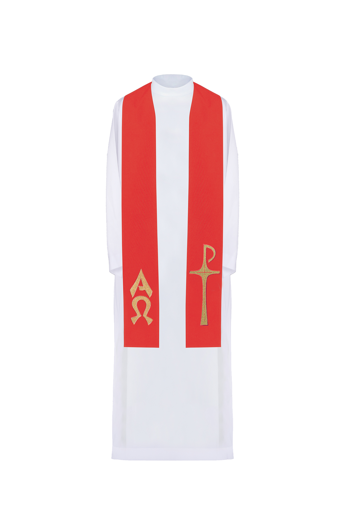 Priest's stole embroidered with Alpha and Omega motif in red