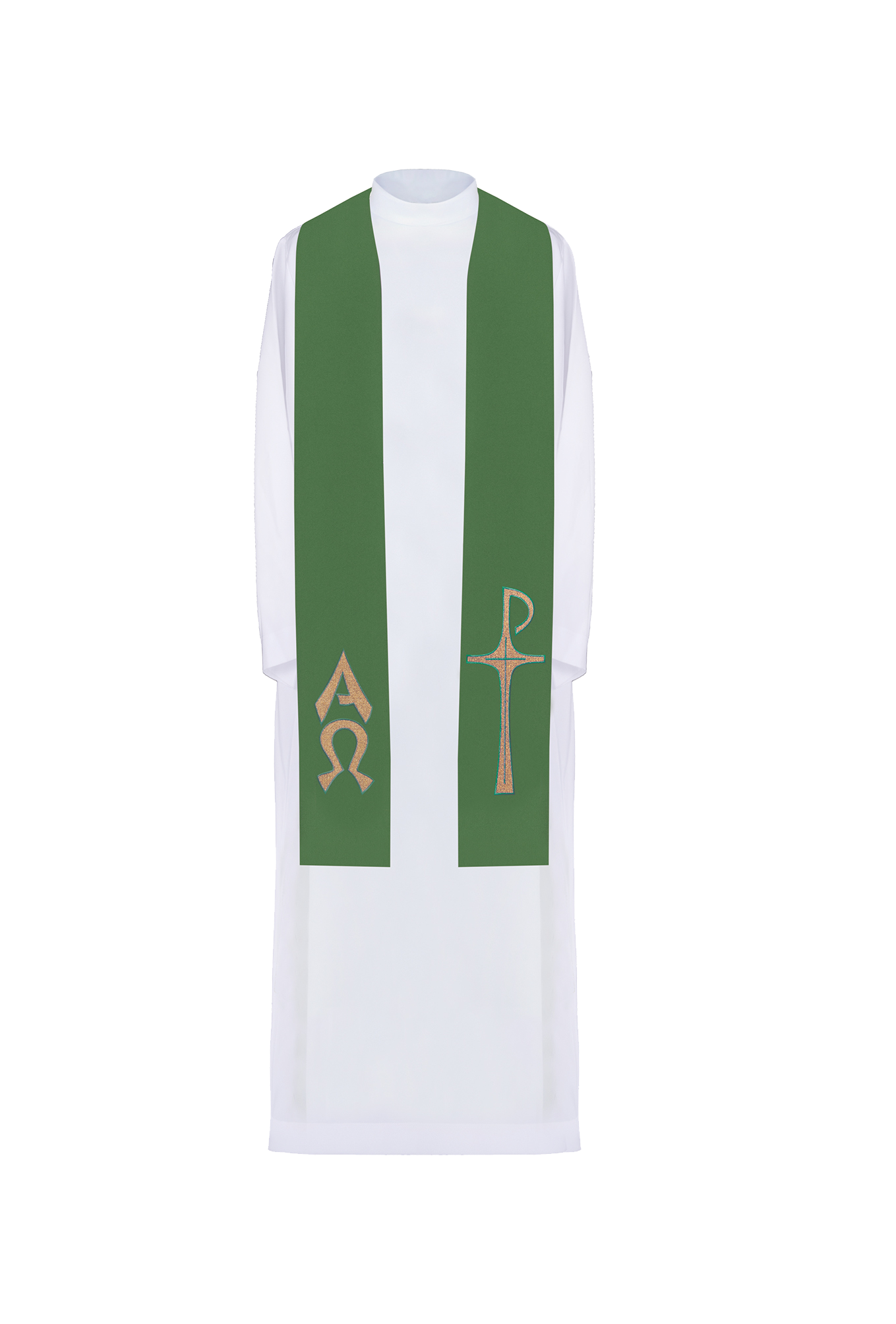 Priest's stole embroidered with Alpha and Omega motif in green