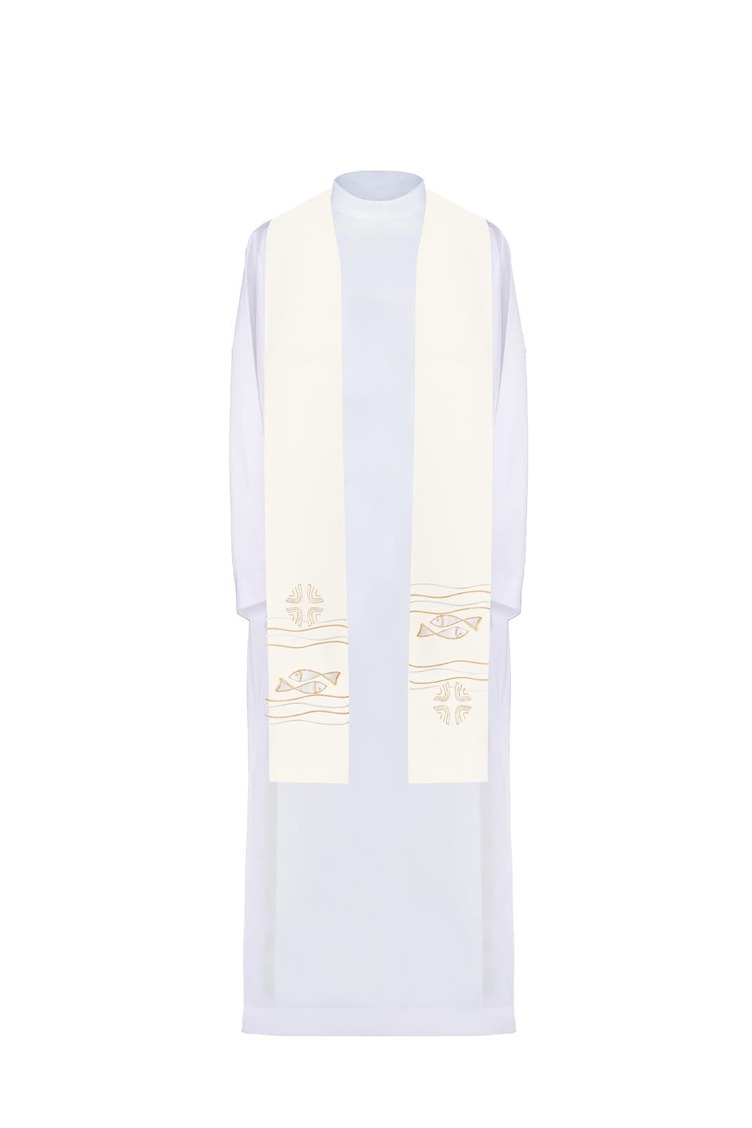 Embroidered priest's stole with fish pattern in ecru colour